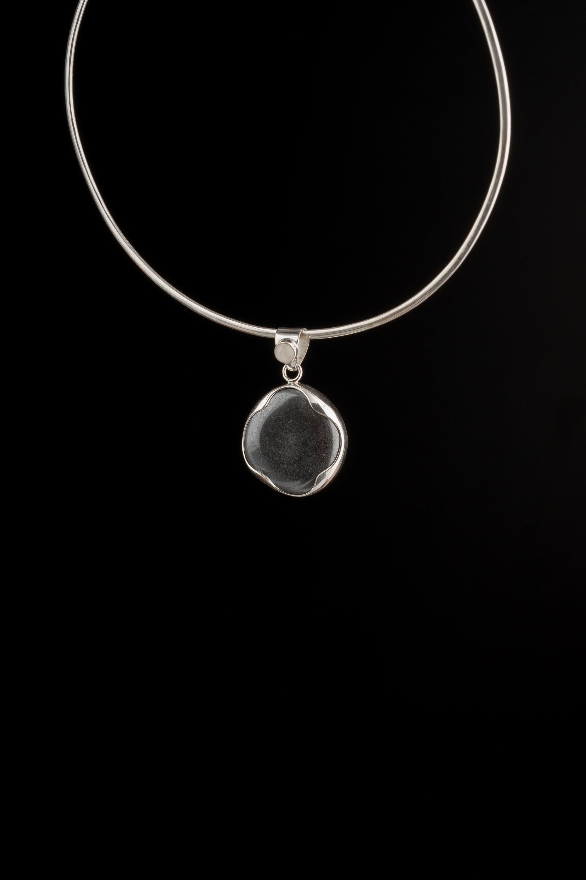 OneSmooth Pyrite disk crowned with Moonstone - Crystal Pendant Necklace - 925 Sterling Silver - rounded Bezel open-back set