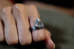 Herkimer Diamond Quartz - Hammered OR Brushed & Oxidised Finish - 925 Sterling Silver - Adjustable Open Ring