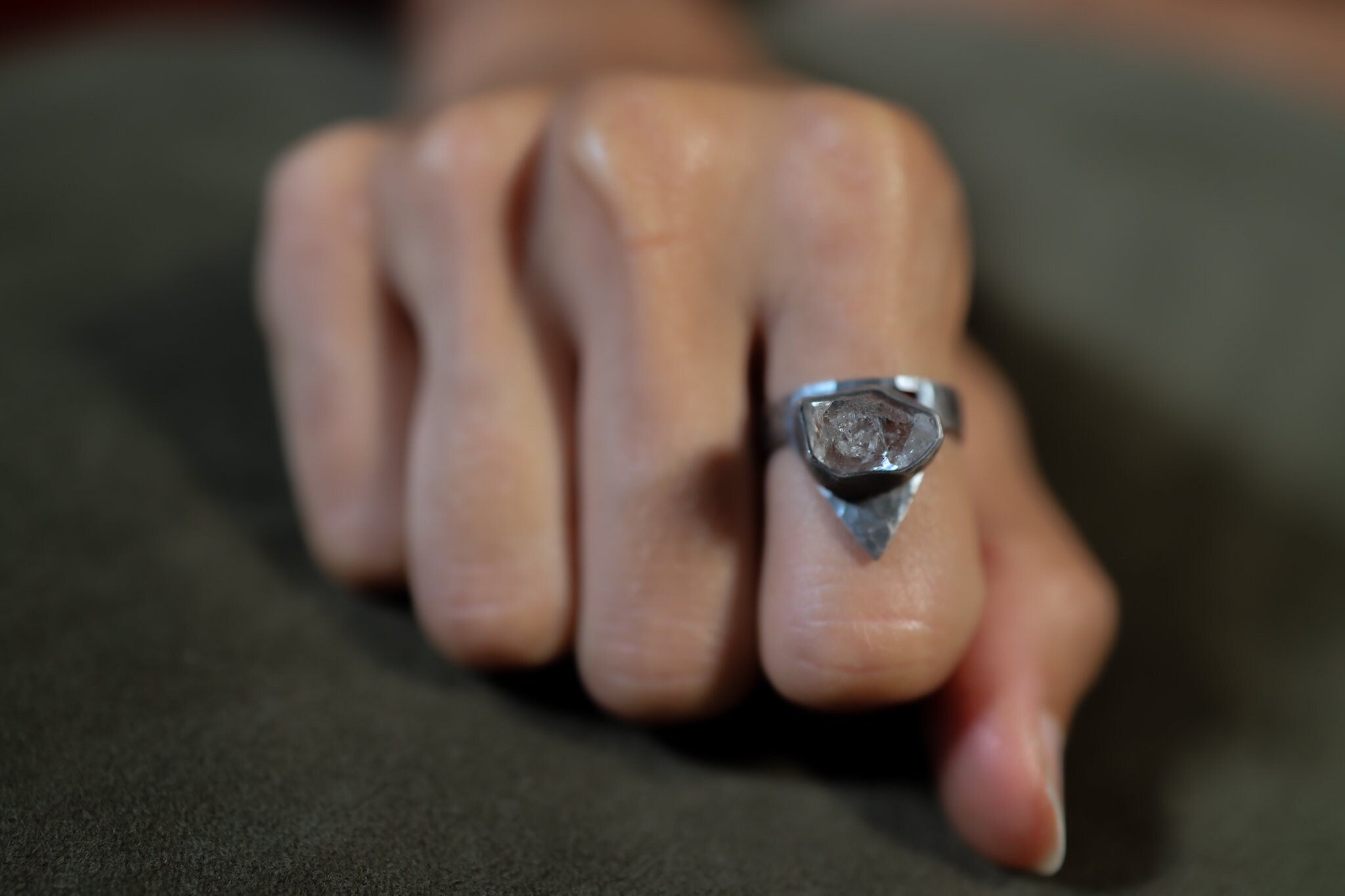 Herkimer Diamond Quartz - Hammered OR Brushed & Oxidised Finish - 925 Sterling Silver - Adjustable Open Ring