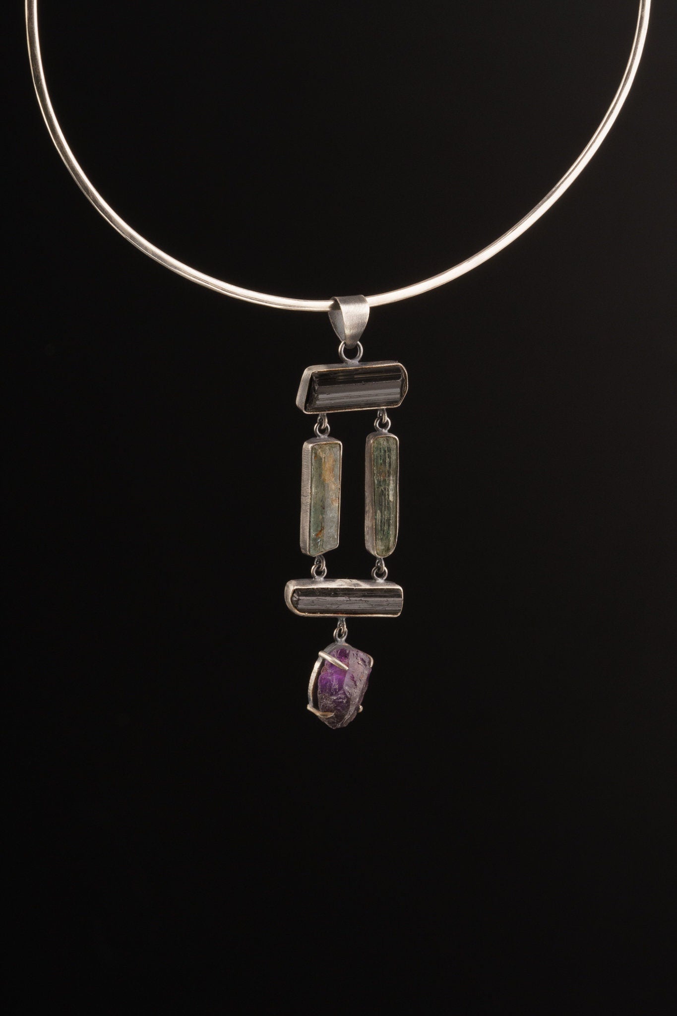 Black Tourmaline Sticks, raw gem Aquamarine & Raw Clawed Amethyst - Sterling Silver - Rustic OXEDISED Finish - Pendant