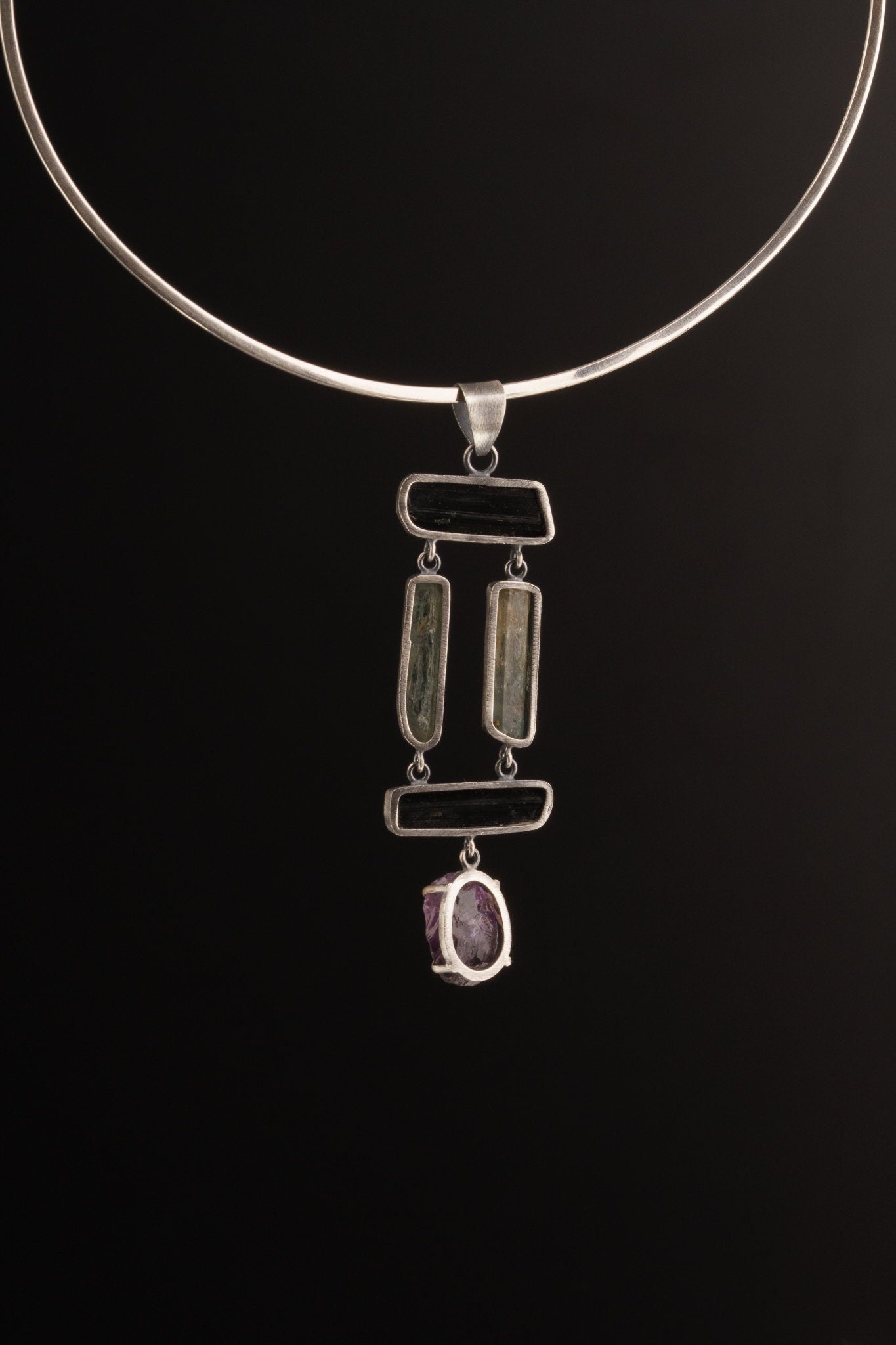 Black Tourmaline Sticks, raw gem Aquamarine & Raw Clawed Amethyst - Sterling Silver - Rustic OXEDISED Finish - Pendant