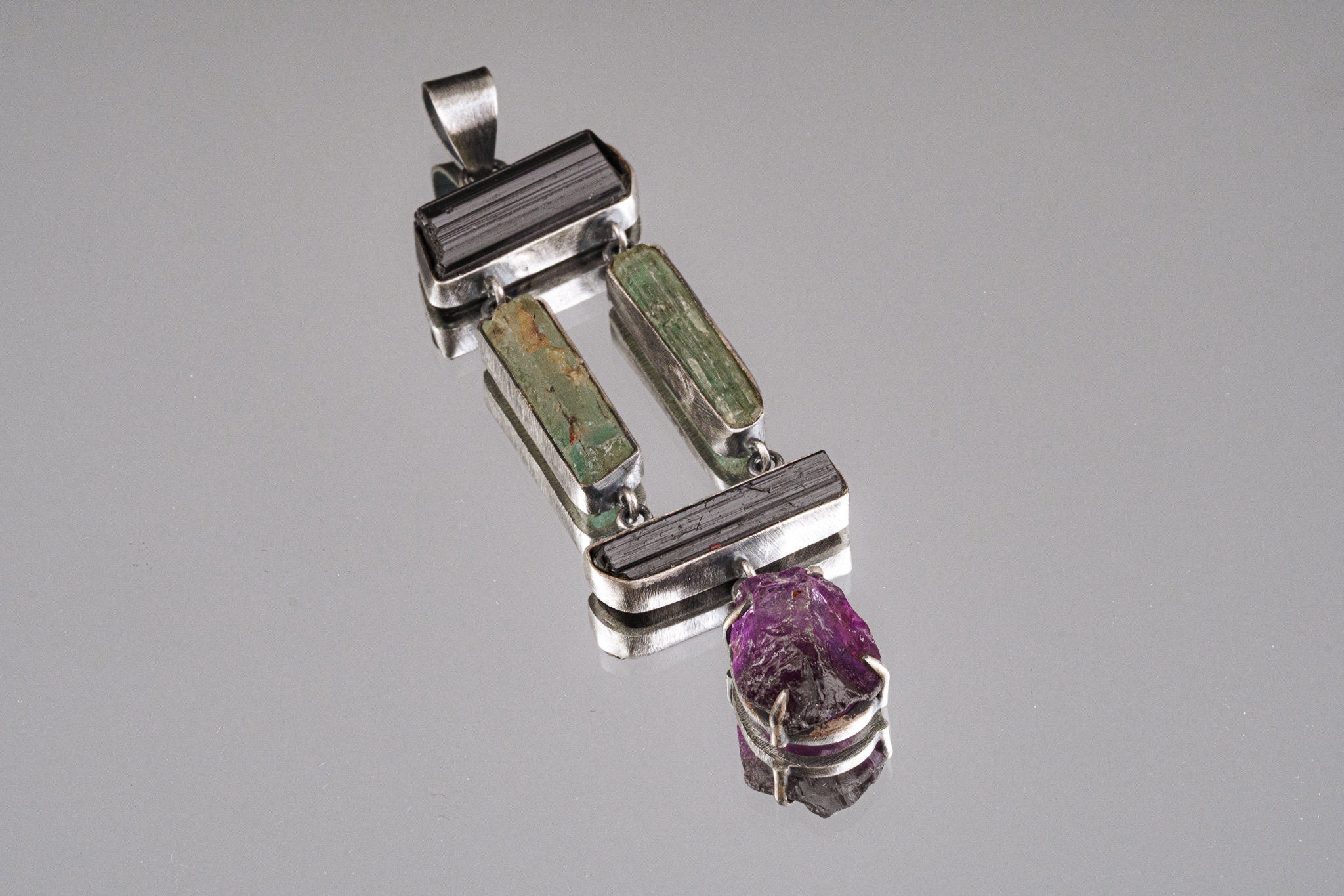 Black Tourmaline Sticks, raw gem Aquamarine & Raw Clawed Amethyst - Sterling Silver - Rustic OXEDISED Finish - Pendant