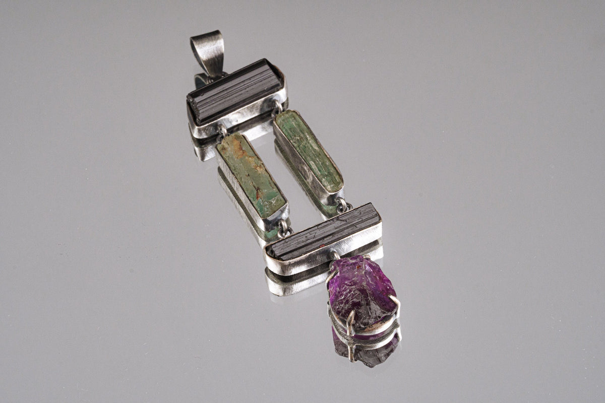 Black Tourmaline Sticks, raw gem Aquamarine & Raw Clawed Amethyst - Sterling Silver - Rustic OXEDISED Finish - Pendant