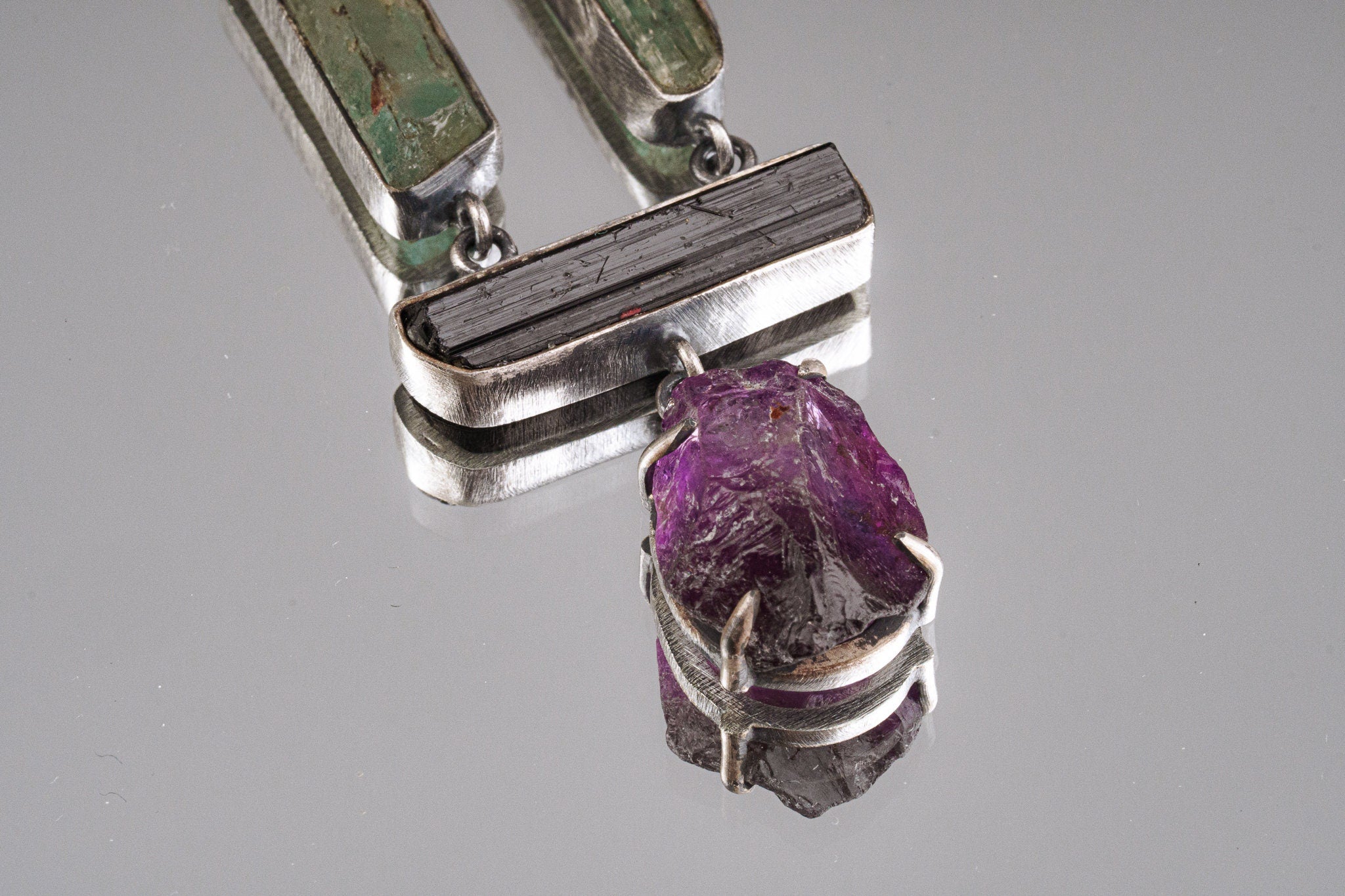 Black Tourmaline Sticks, raw gem Aquamarine & Raw Clawed Amethyst - Sterling Silver - Rustic OXEDISED Finish - Pendant