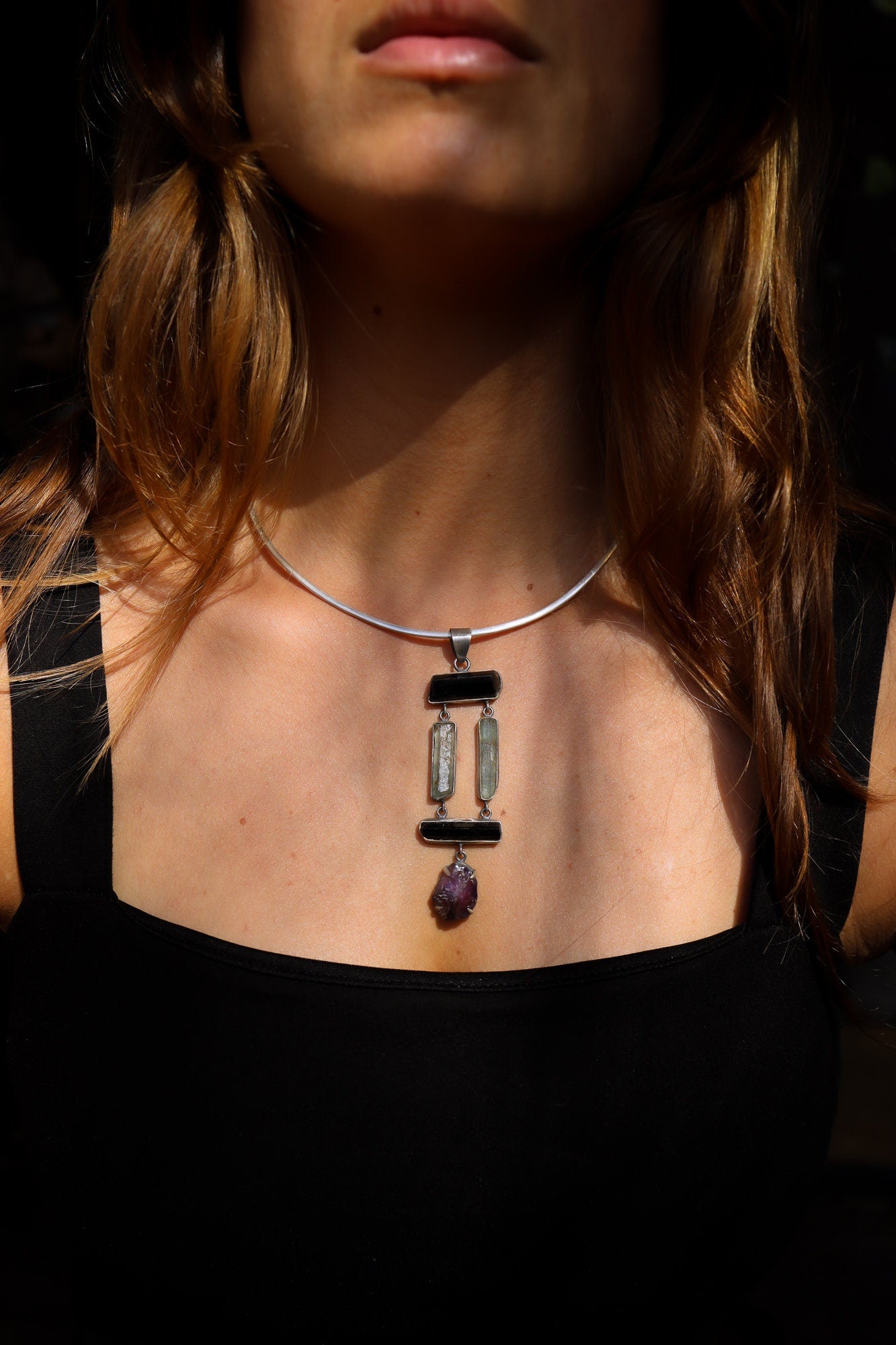 Black Tourmaline Sticks, raw gem Aquamarine & Raw Clawed Amethyst - Sterling Silver - Rustic OXEDISED Finish - Pendant