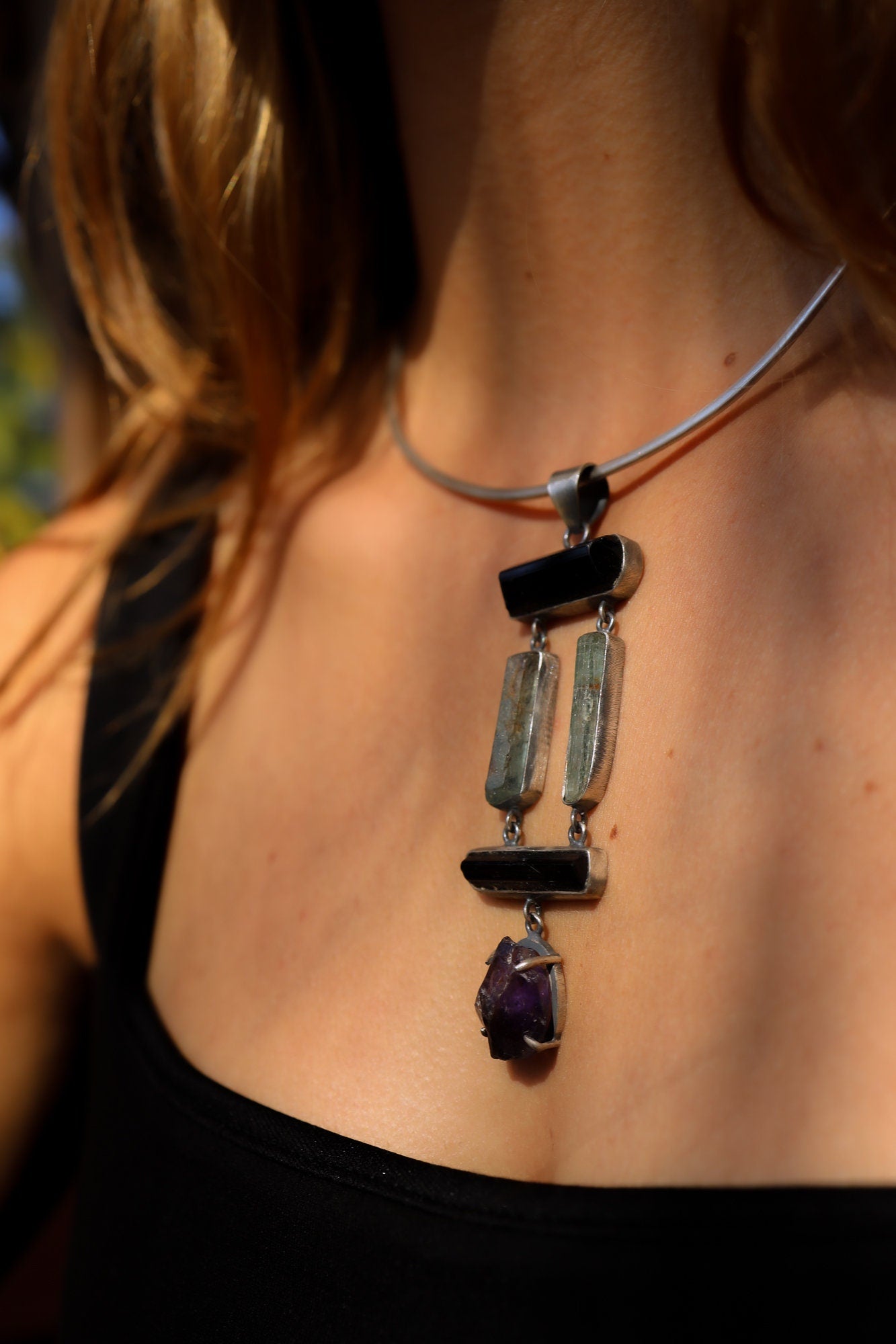 Black Tourmaline Sticks, raw gem Aquamarine & Raw Clawed Amethyst - Sterling Silver - Rustic OXEDISED Finish - Pendant