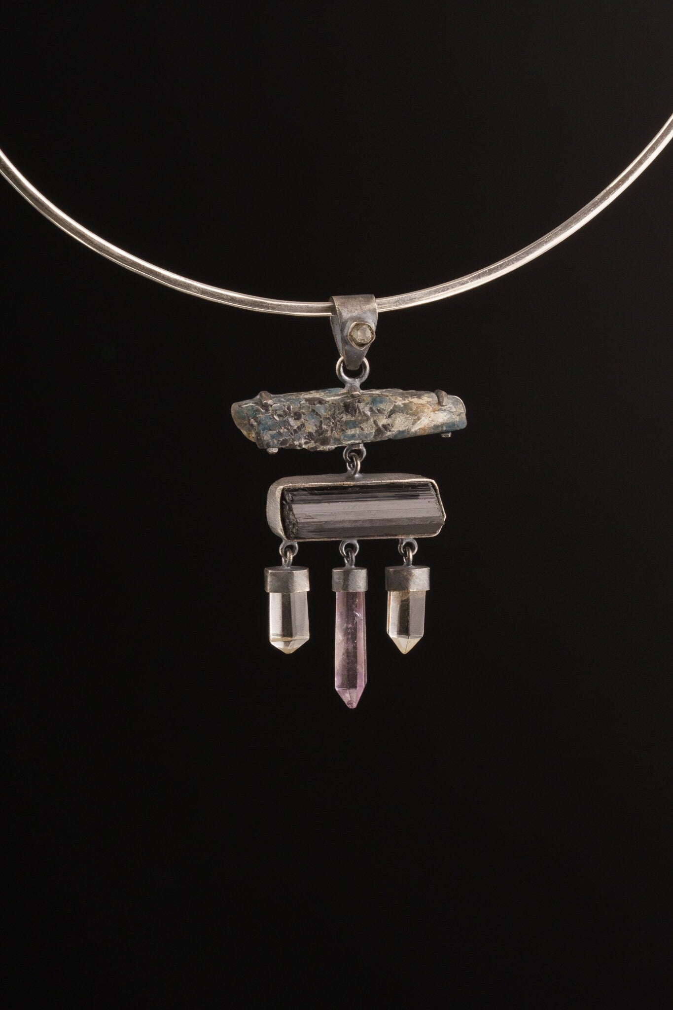 Six stone Necklace - Raw Black Tourmaline, Herkimer & Australian Ocean Kyanite AMETHYST, QUARTZ - Sterling Silver Oxidized/Brushed