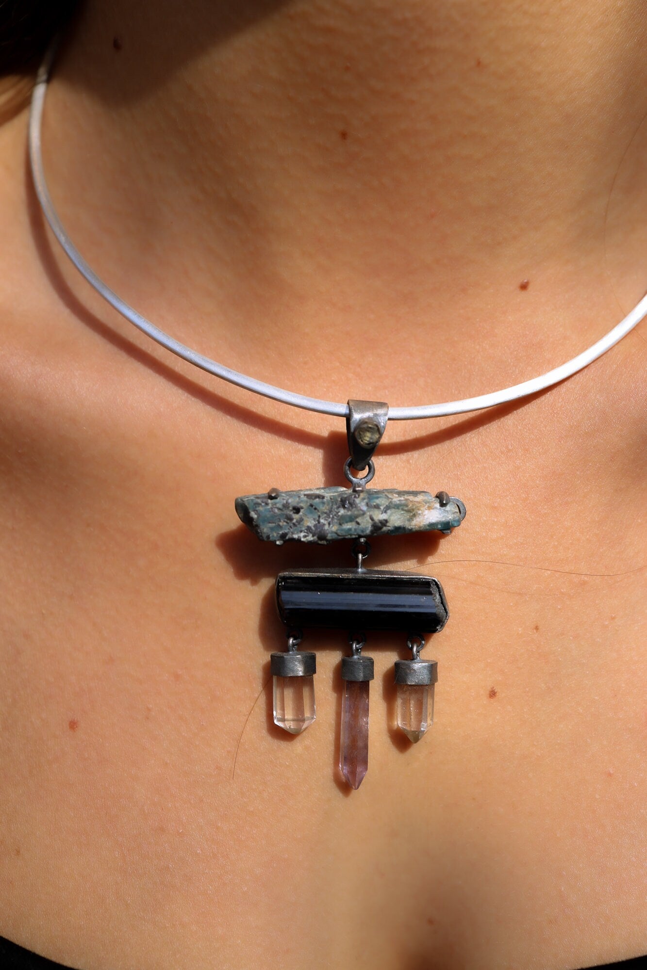 Six stone Necklace - Raw Black Tourmaline, Herkimer & Australian Ocean Kyanite AMETHYST, QUARTZ - Sterling Silver Oxidized/Brushed