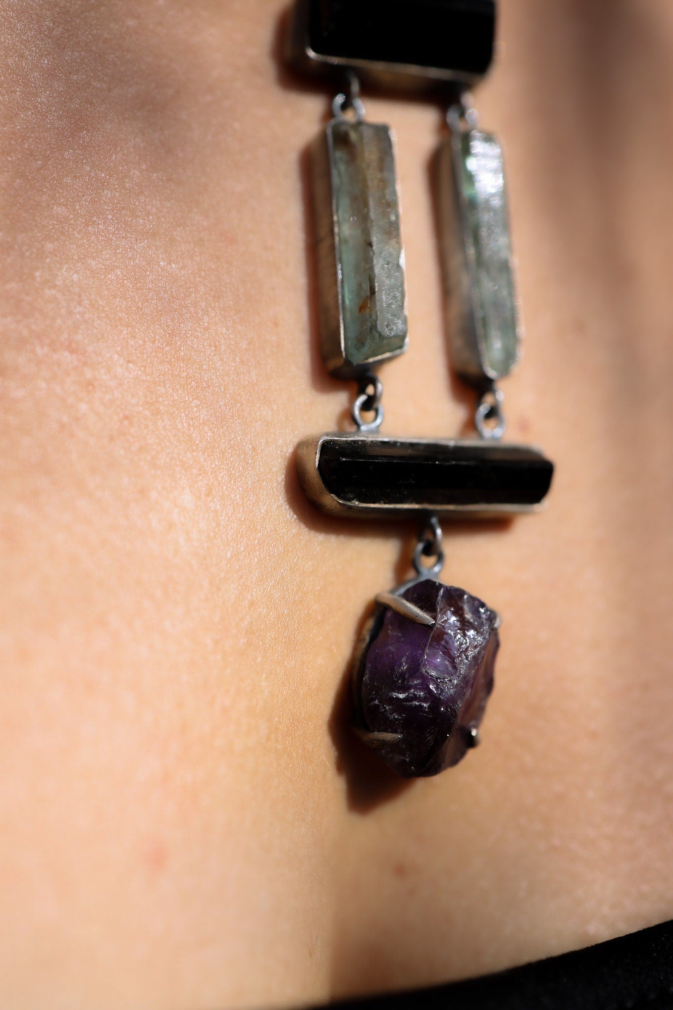 Black Tourmaline Sticks, raw gem Aquamarine & Raw Clawed Amethyst - Sterling Silver - Rustic OXEDISED Finish - Pendant