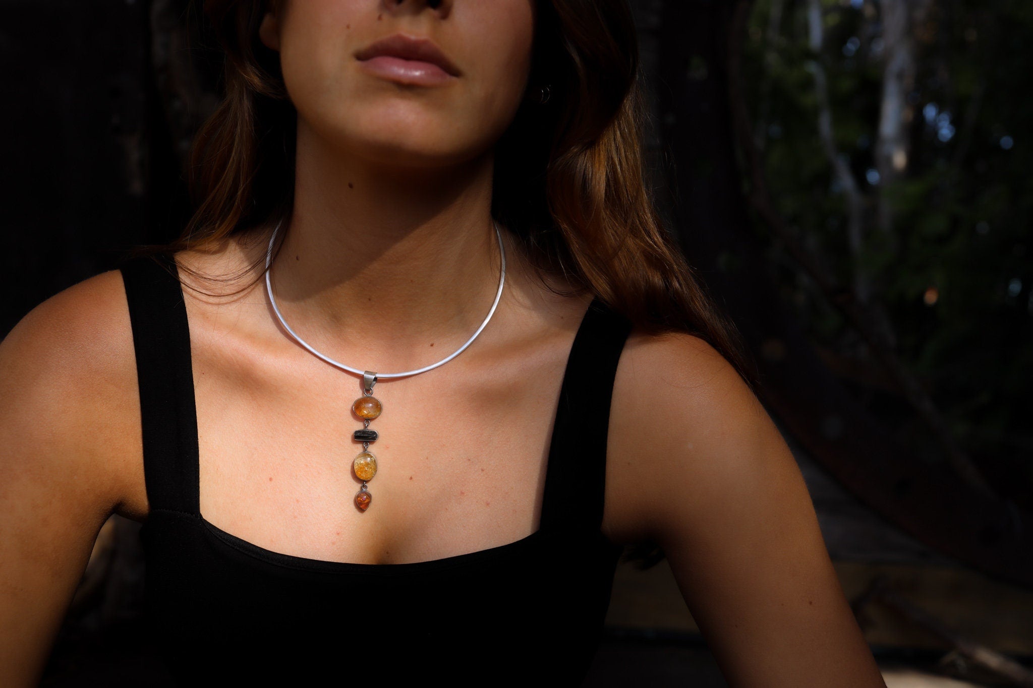 Earthy 4 Piece Ethiopian Opal And Black Tourmaline - Textured oxidised Sterling Silver - Crystal Pendant