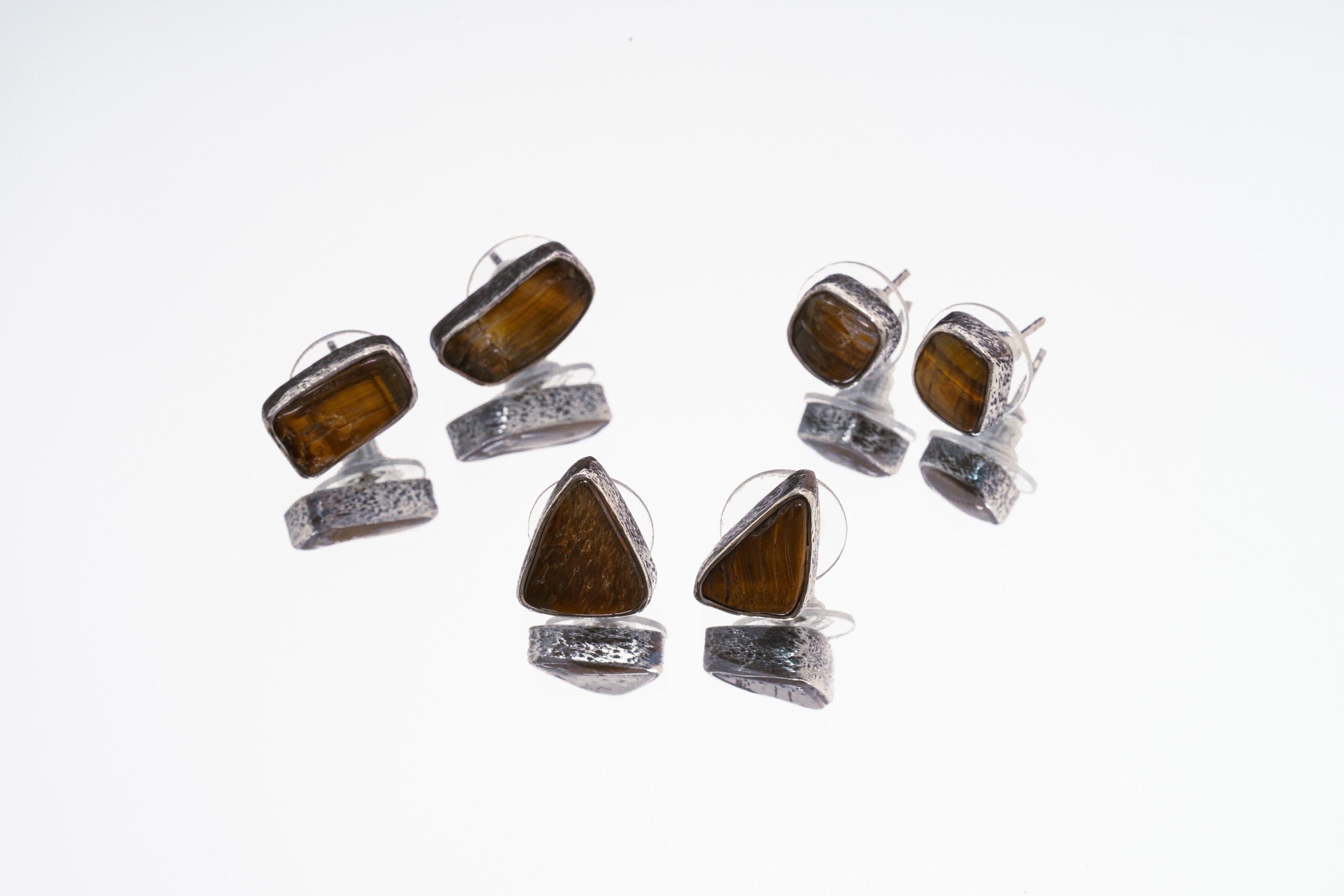 Tigers Eye Stud - Textured Finish - organic shaped Pair- Sterling Silver - Freeform Earring Studs