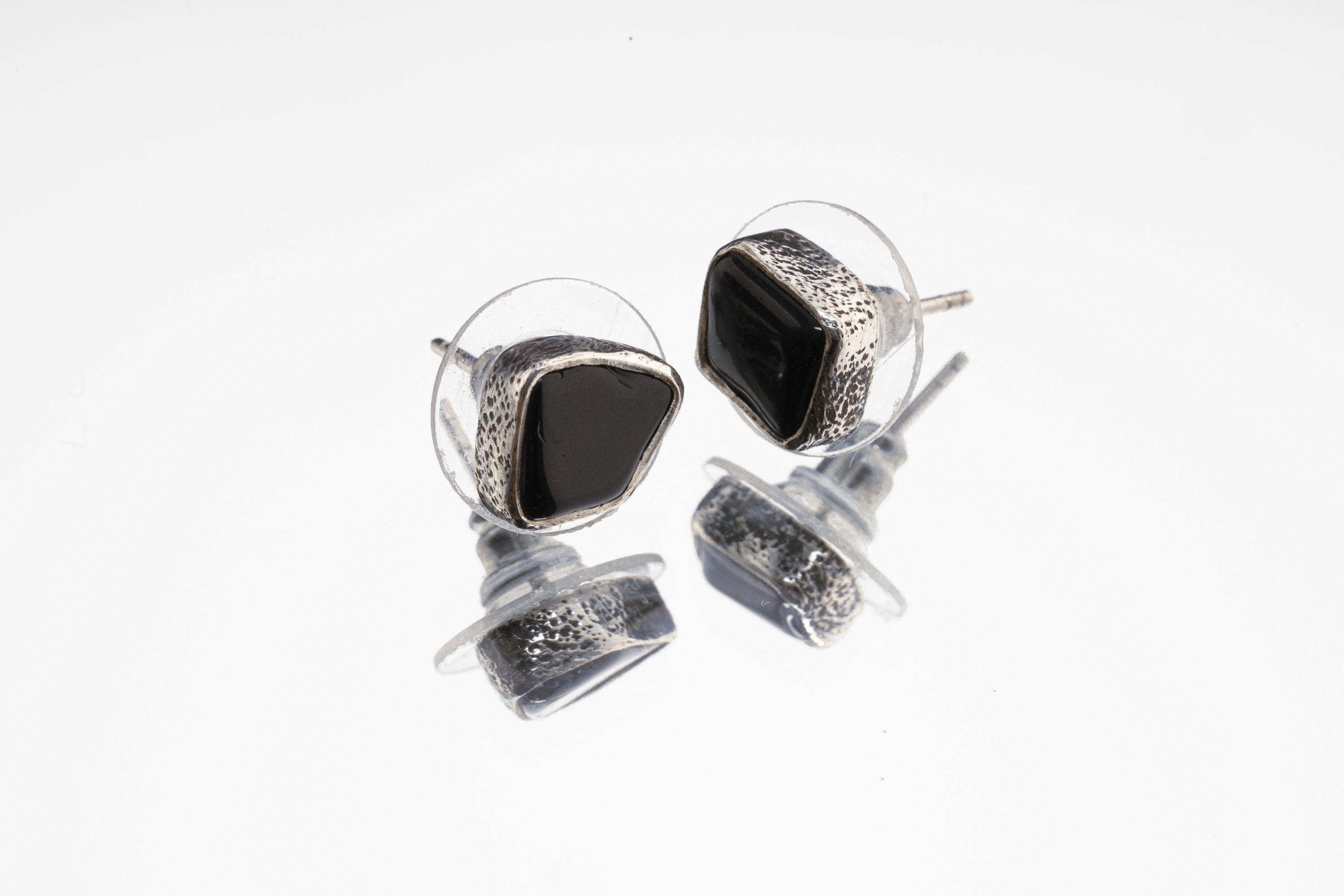 Onyx Stud - Textured Finish - organic shaped Pair - Sterling Silver - Freeform Earring Studs