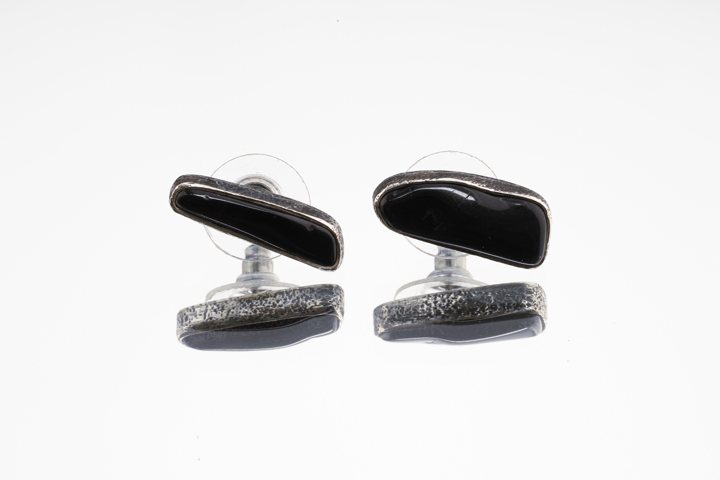 Onyx Stud - Textured Finish - organic shaped Pair - Sterling Silver - Freeform Earring Studs