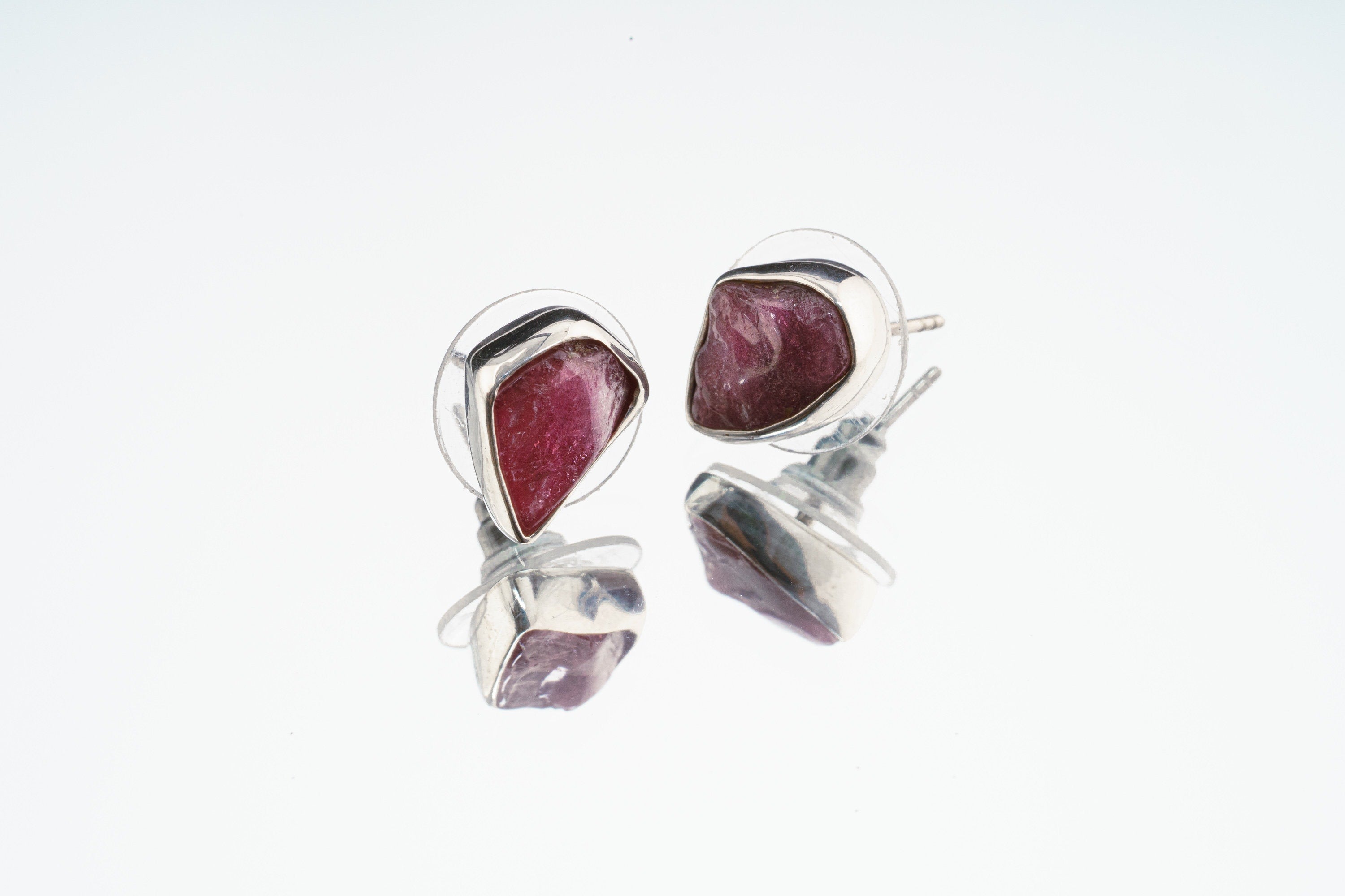 Rubellite Pink Tourmaline - Pick your organic shaped Pair - Sterling Silver - Polished Finish - Freeform Earring Studs