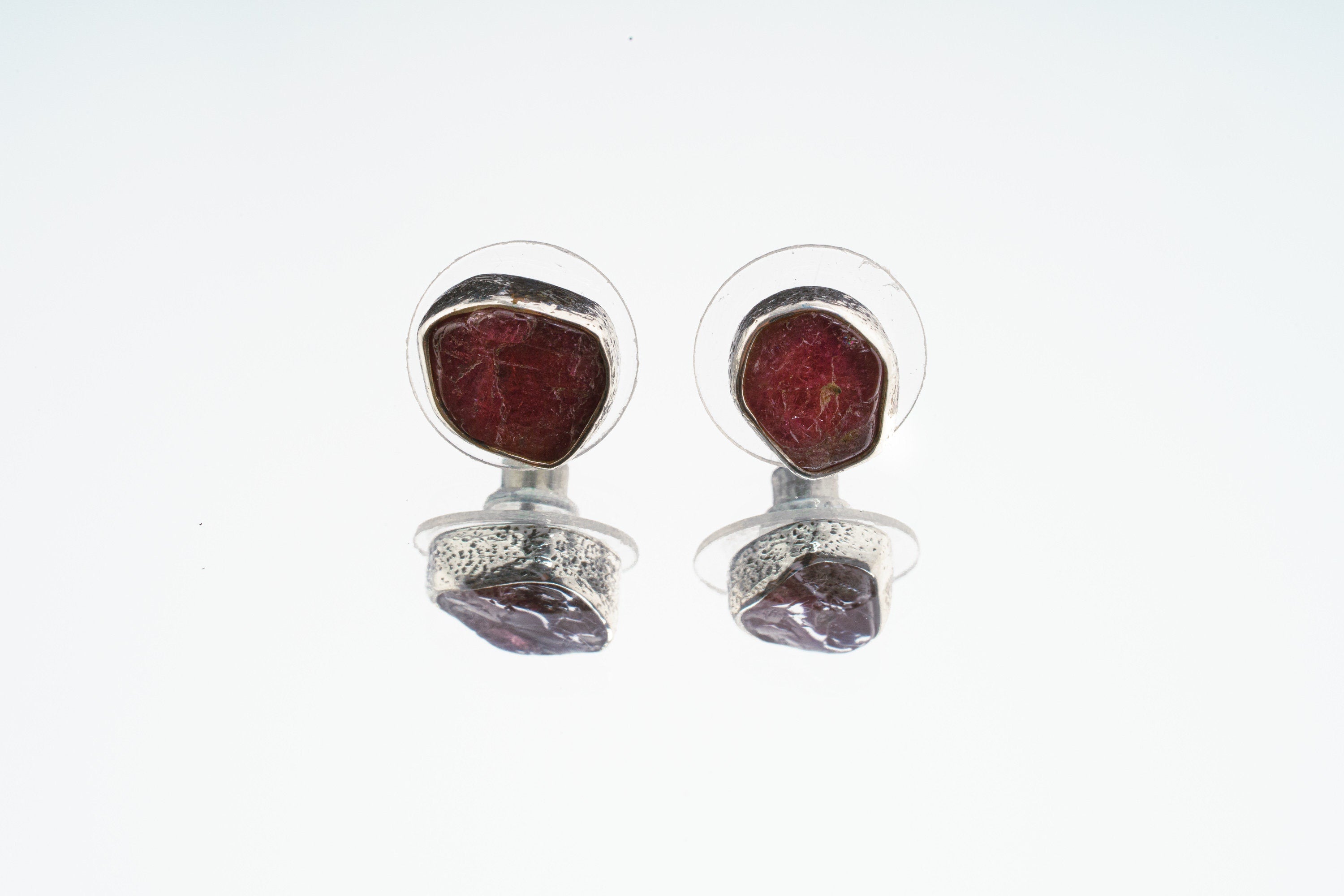 Rubellite Pink Tourmaline Studs - organic shaped Pair - Sterling Silver - Oxidised Textured Finish - Freeform Earring Studs