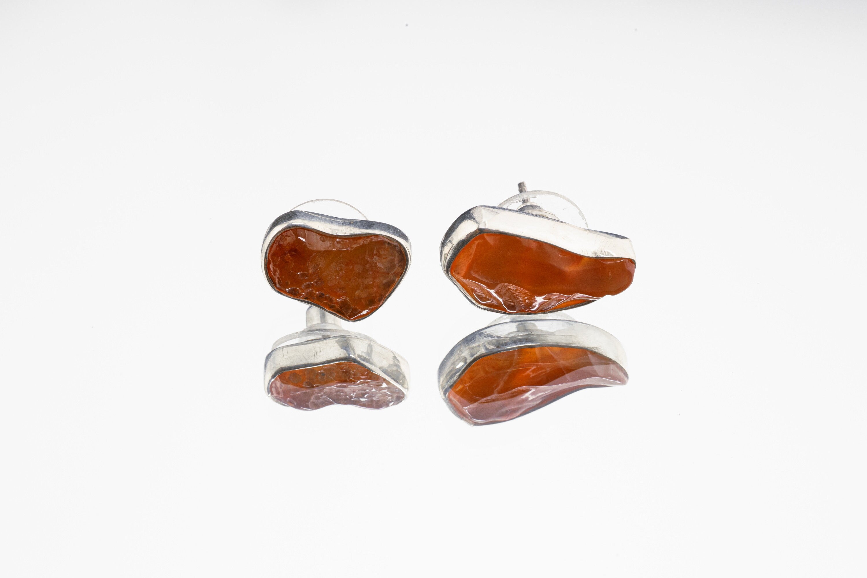 Organic shaped Carnelian Agate Pair- Sterling Silver - Polished Finish - Freeform Earring Studs