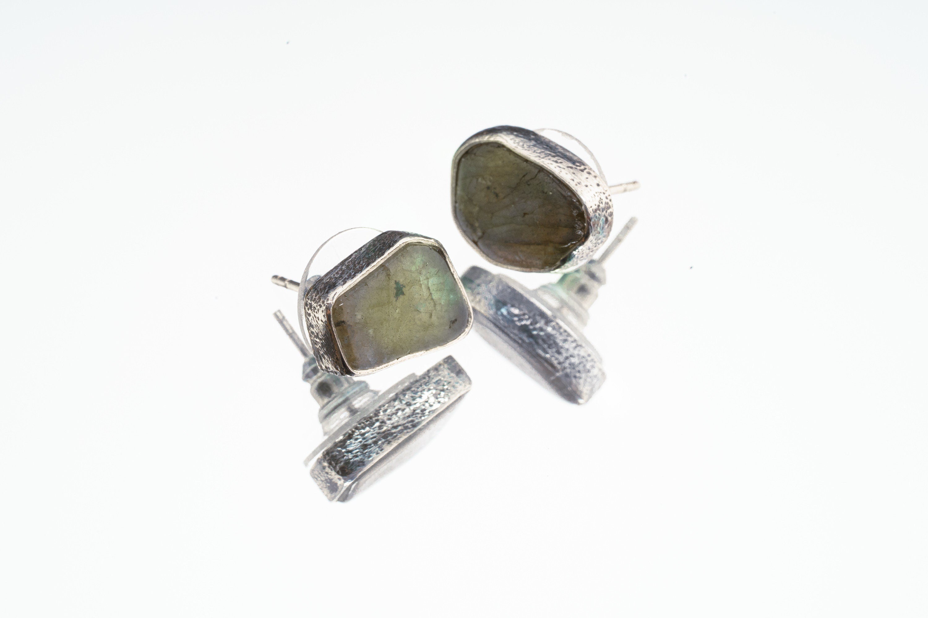 Sterling Silver Earrings with Organic Shaped Rainbow Labradorite, Polished Finish, Freeform Studs, Spiritual Growth & Balance