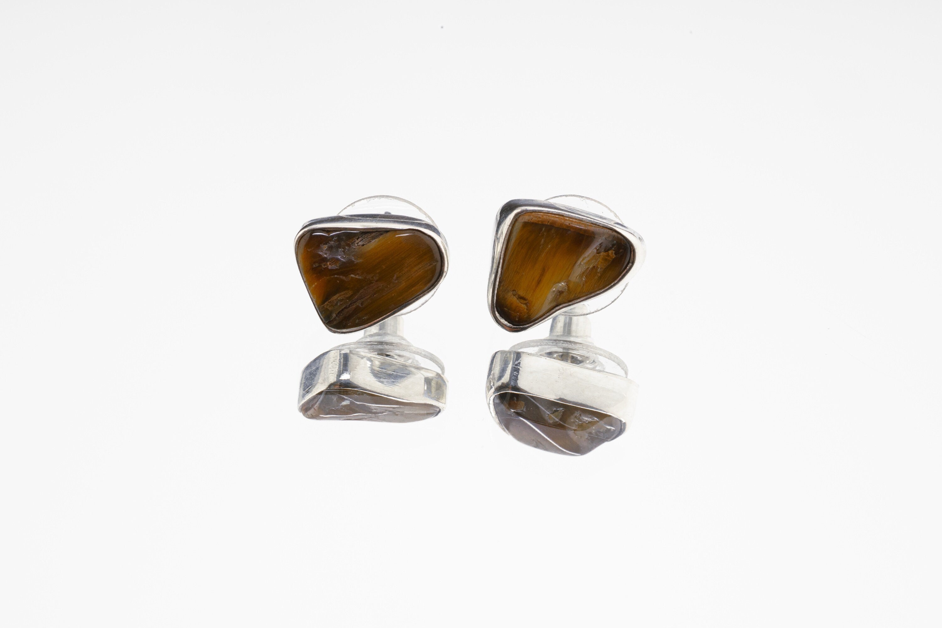 Tigers Eye Stud - organic shaped Pair- Sterling Silver - Polished Finish - Freeform Earring Studs