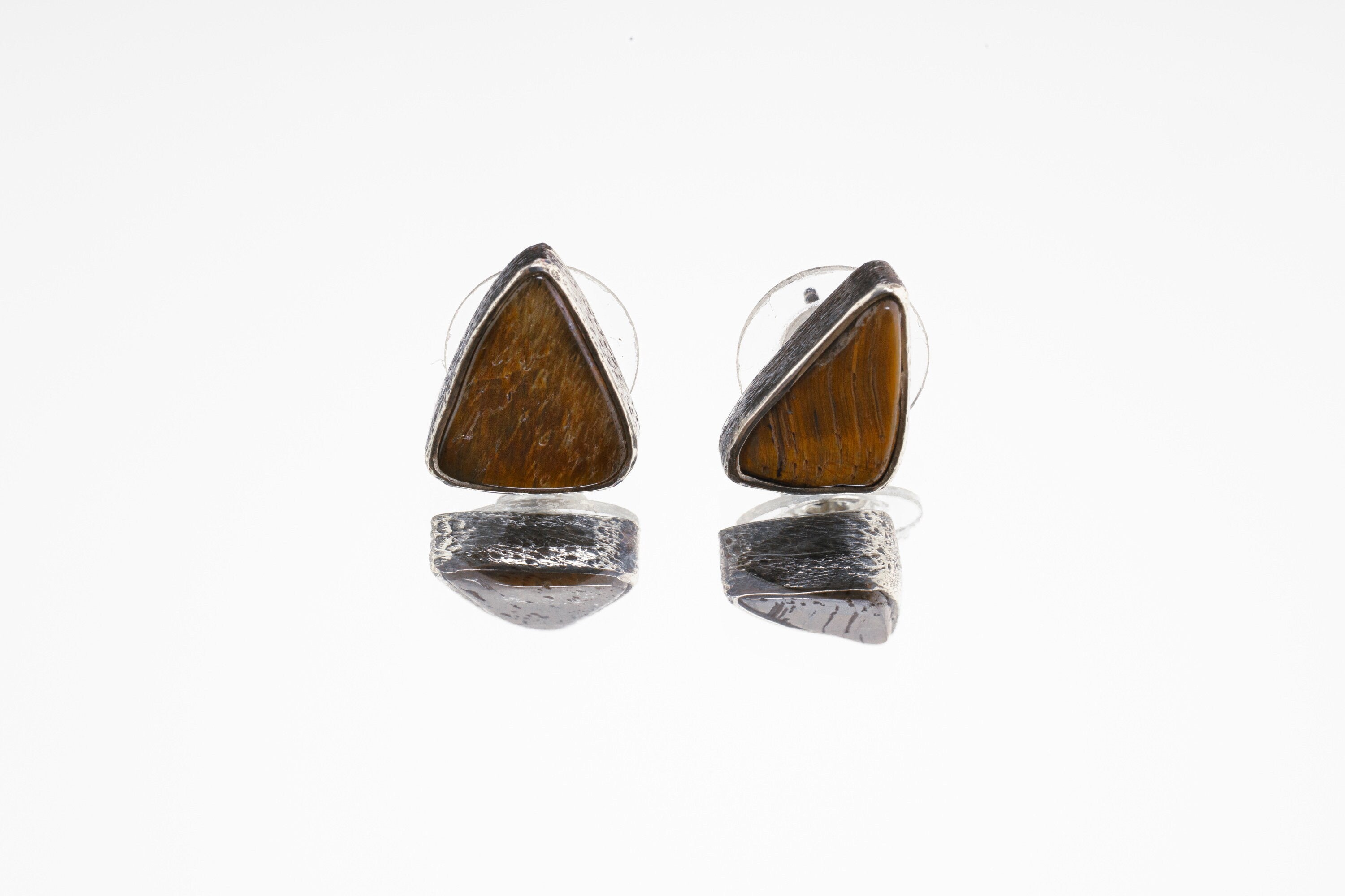 Tigers Eye Stud - Textured Finish - organic shaped Pair- Sterling Silver - Freeform Earring Studs