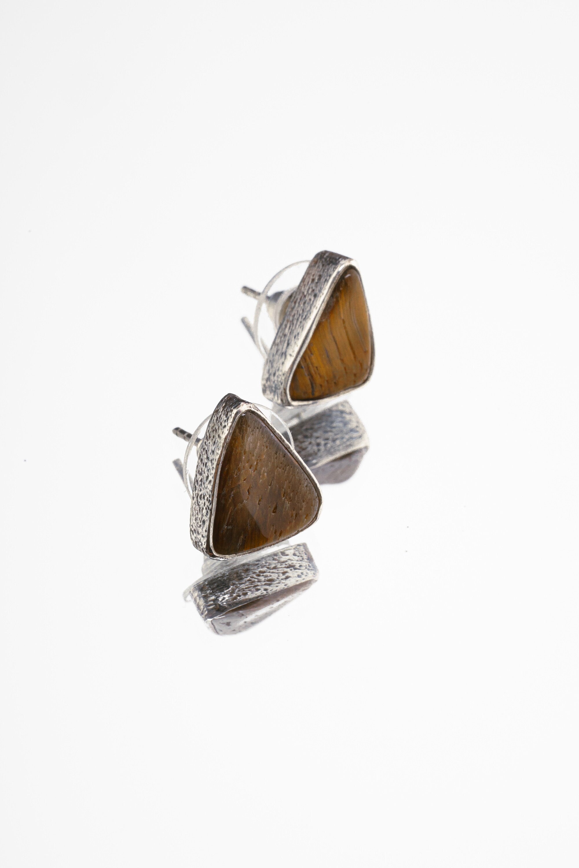 Tigers Eye Stud - Textured Finish - organic shaped Pair- Sterling Silver - Freeform Earring Studs