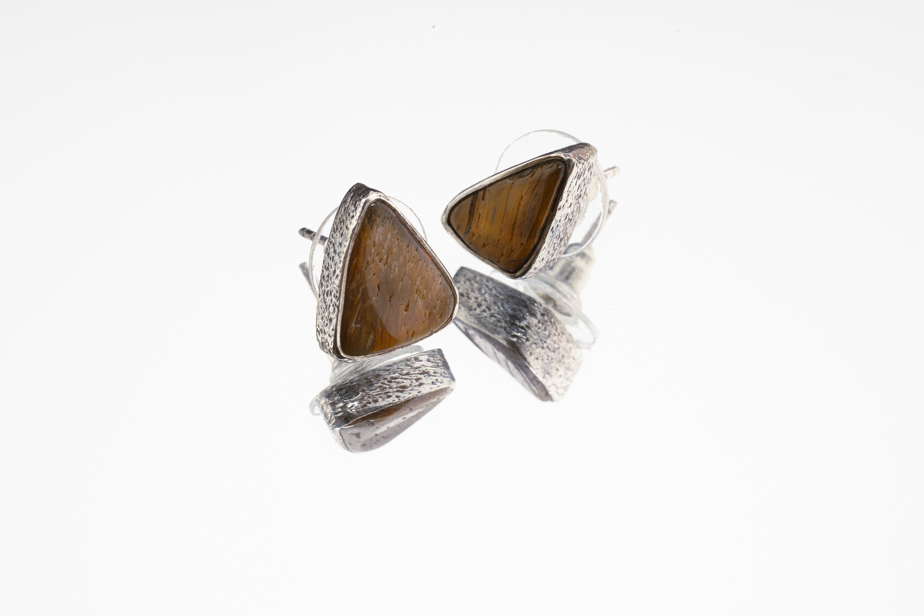 Tigers Eye Stud - Textured Finish - organic shaped Pair- Sterling Silver - Freeform Earring Studs