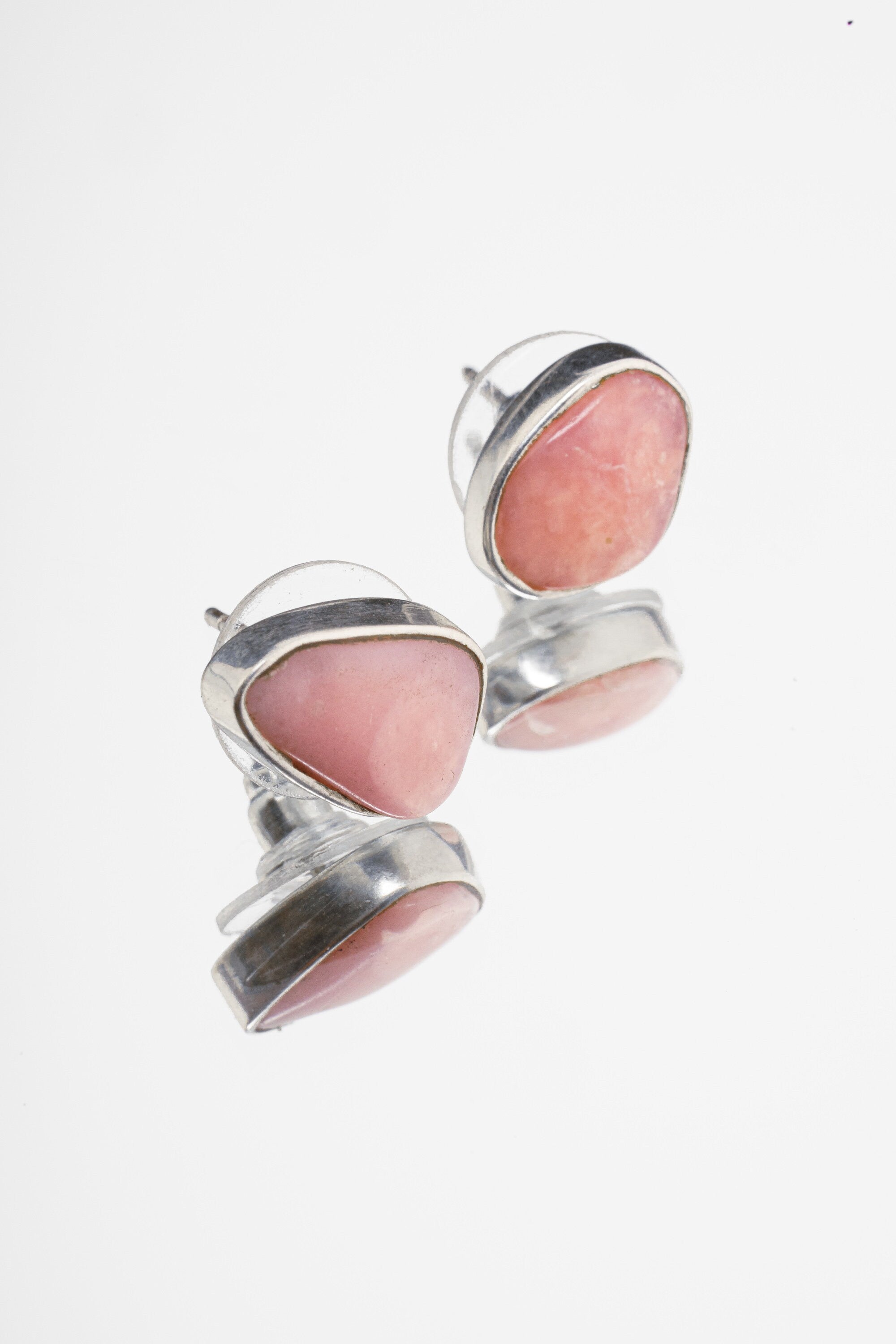 Gem Rhodochrosite Stud - organic shaped Pair - Sterling Silver - Polished Finish - Freeform Earring Studs