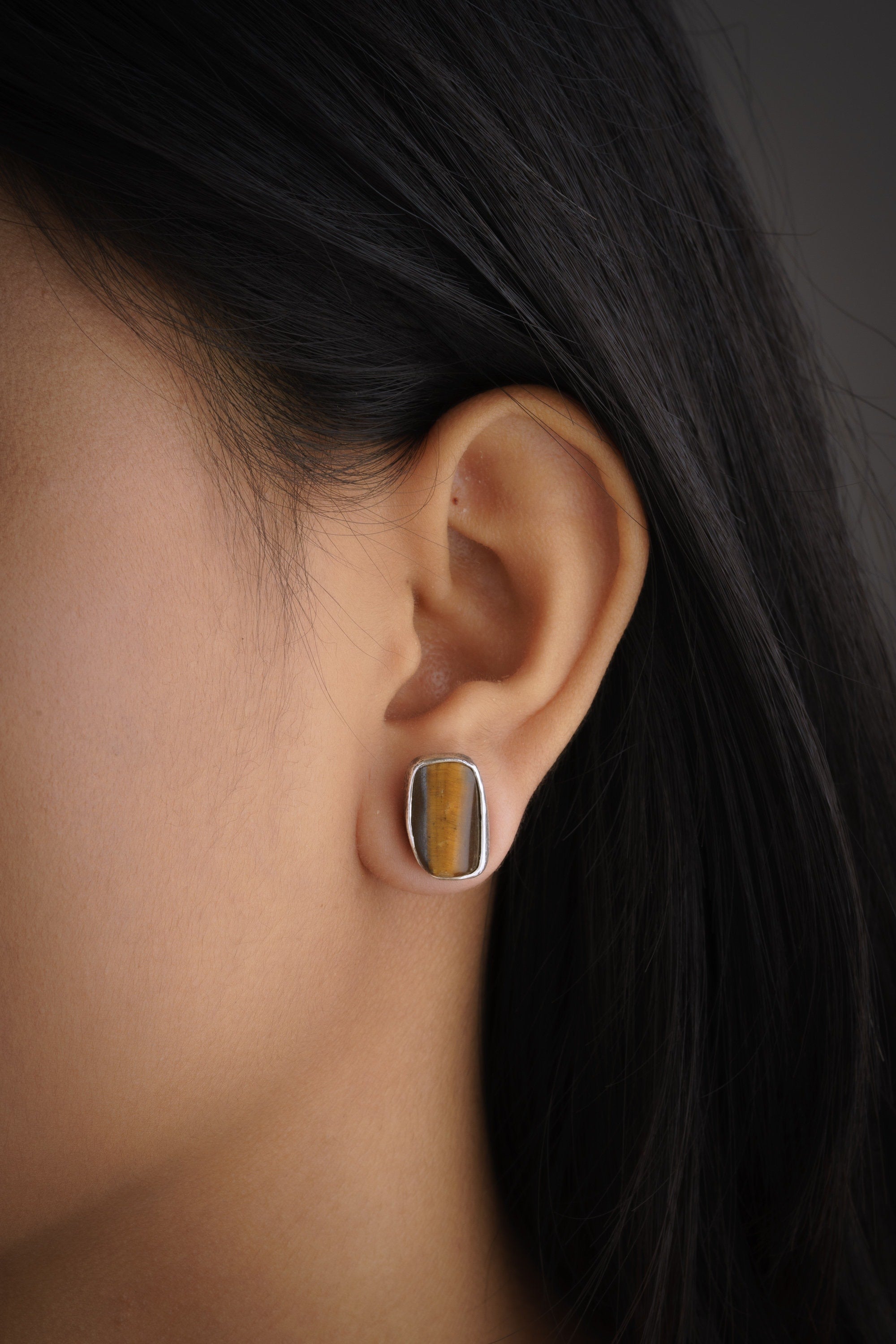 Tigers Eye Stud - organic shaped Pair- Sterling Silver - Polished Finish - Freeform Earring Studs