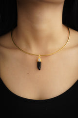 Gold Plated Sterling Silver Pendant with Australian Dark Smokey Lemurian Quartz Point & Raw Blue Teardrop Moonstone Elegant Crystal Necklace