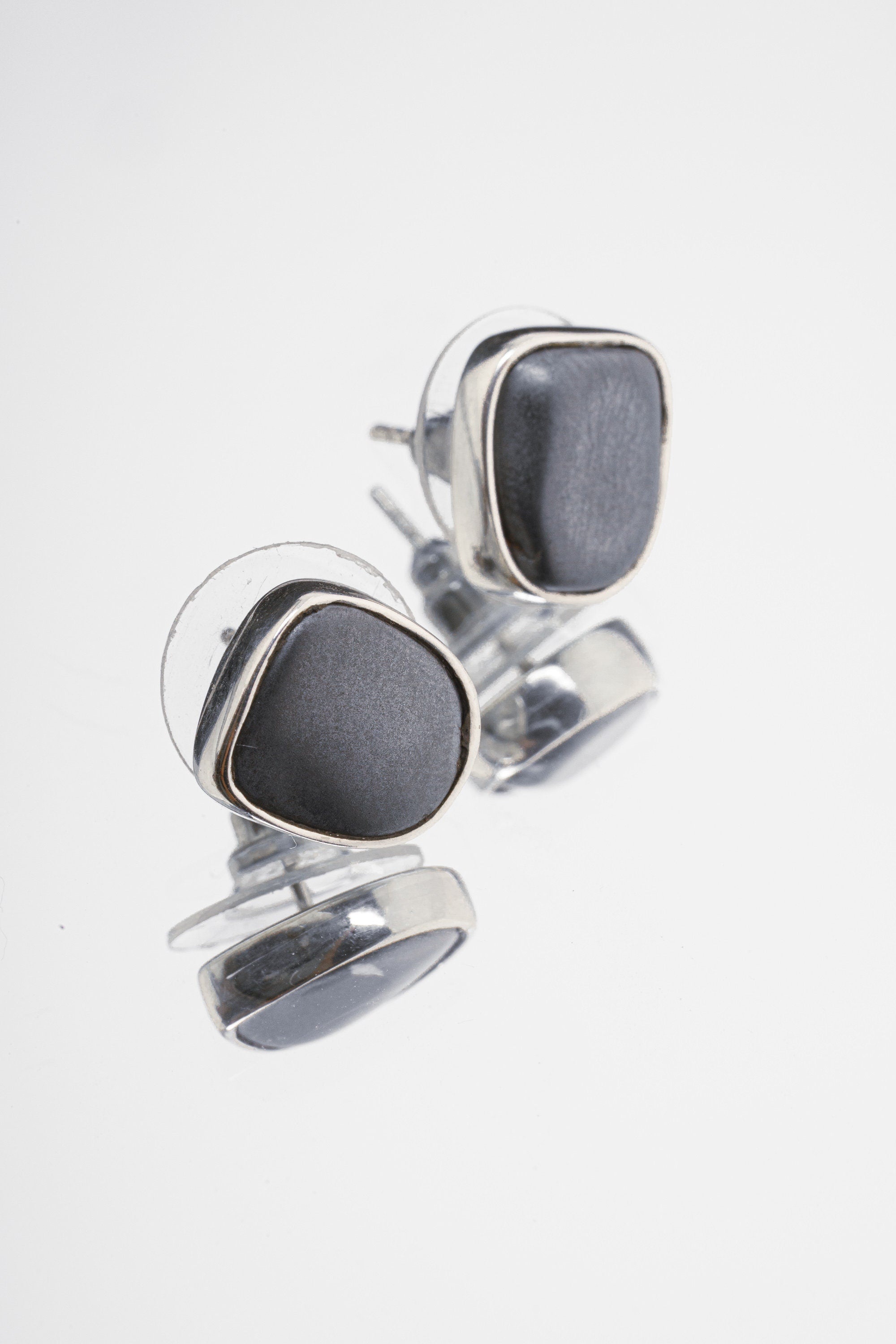 Hematite Stud - organic shaped Pair - Sterling Silver - Polished - Shiny Finish - Freeform Earring Studs