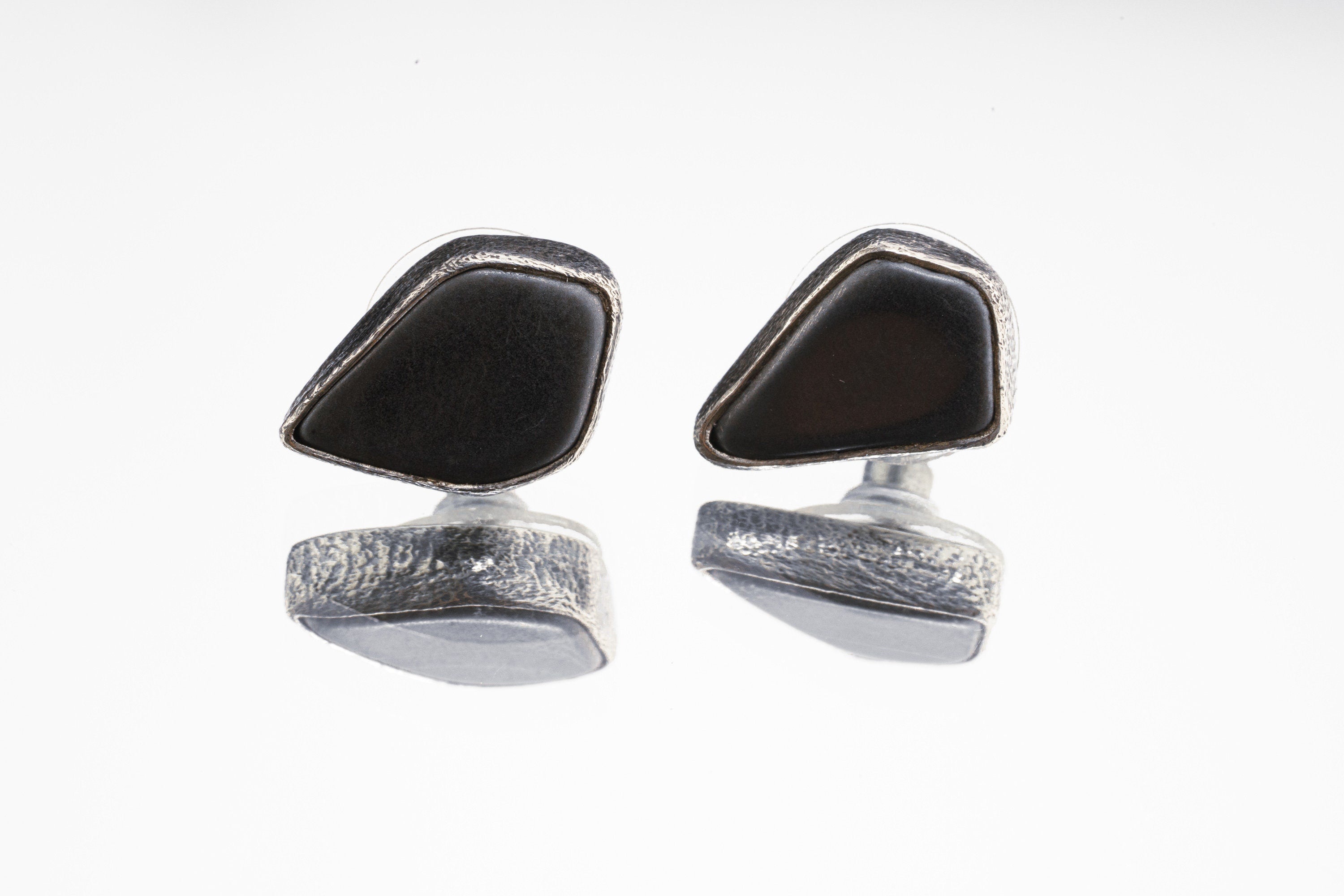 Hematite Stud- Textured Finish - organic shaped Pair - Sterling Silver - Freeform Earring Studs