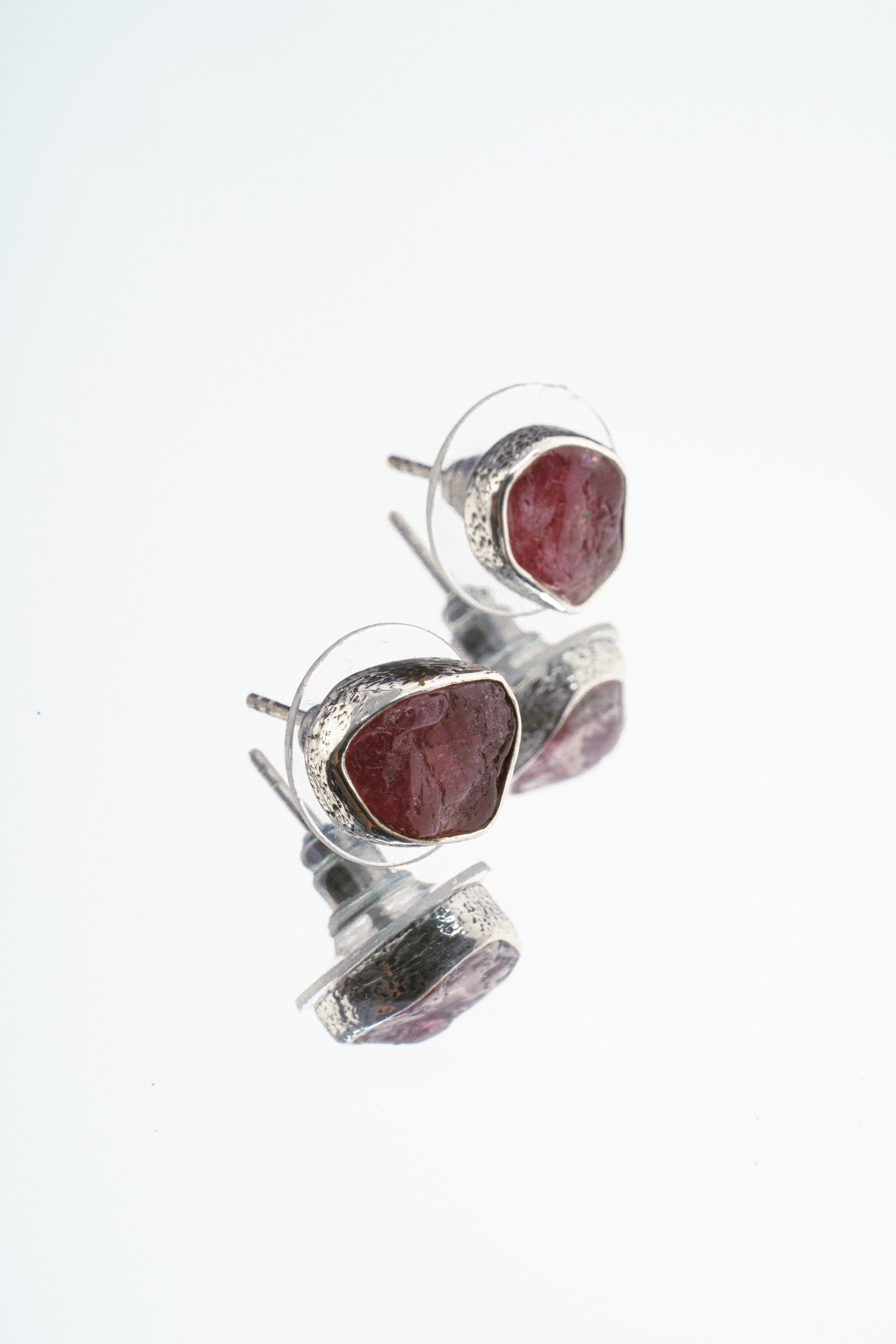 Rubellite Pink Tourmaline Studs - organic shaped Pair - Sterling Silver - Oxidised Textured Finish - Freeform Earring Studs