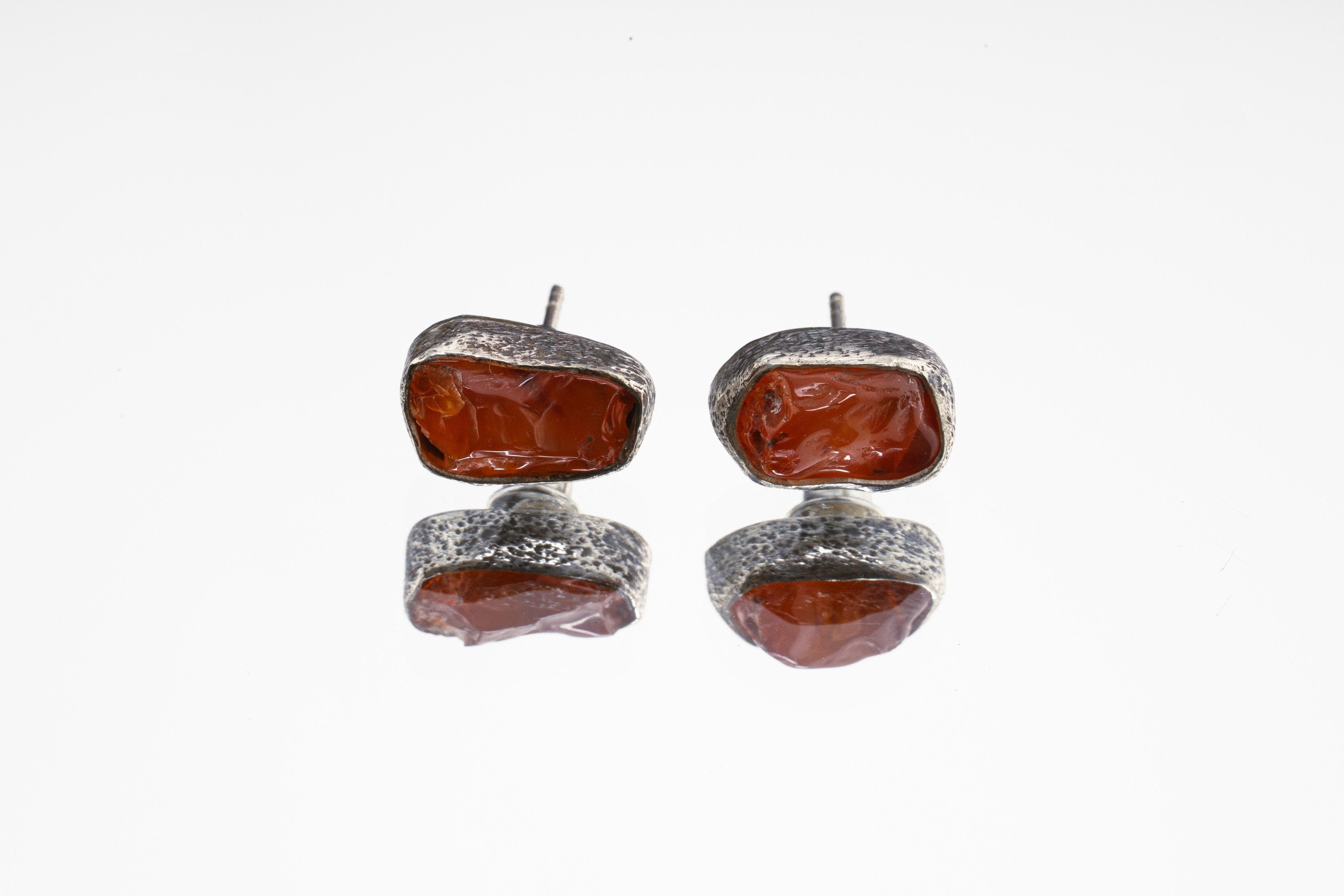 Organic shaped Carnelian Agate Pair- Textured Finish - Sterling Silver - Freeform Earring Studs