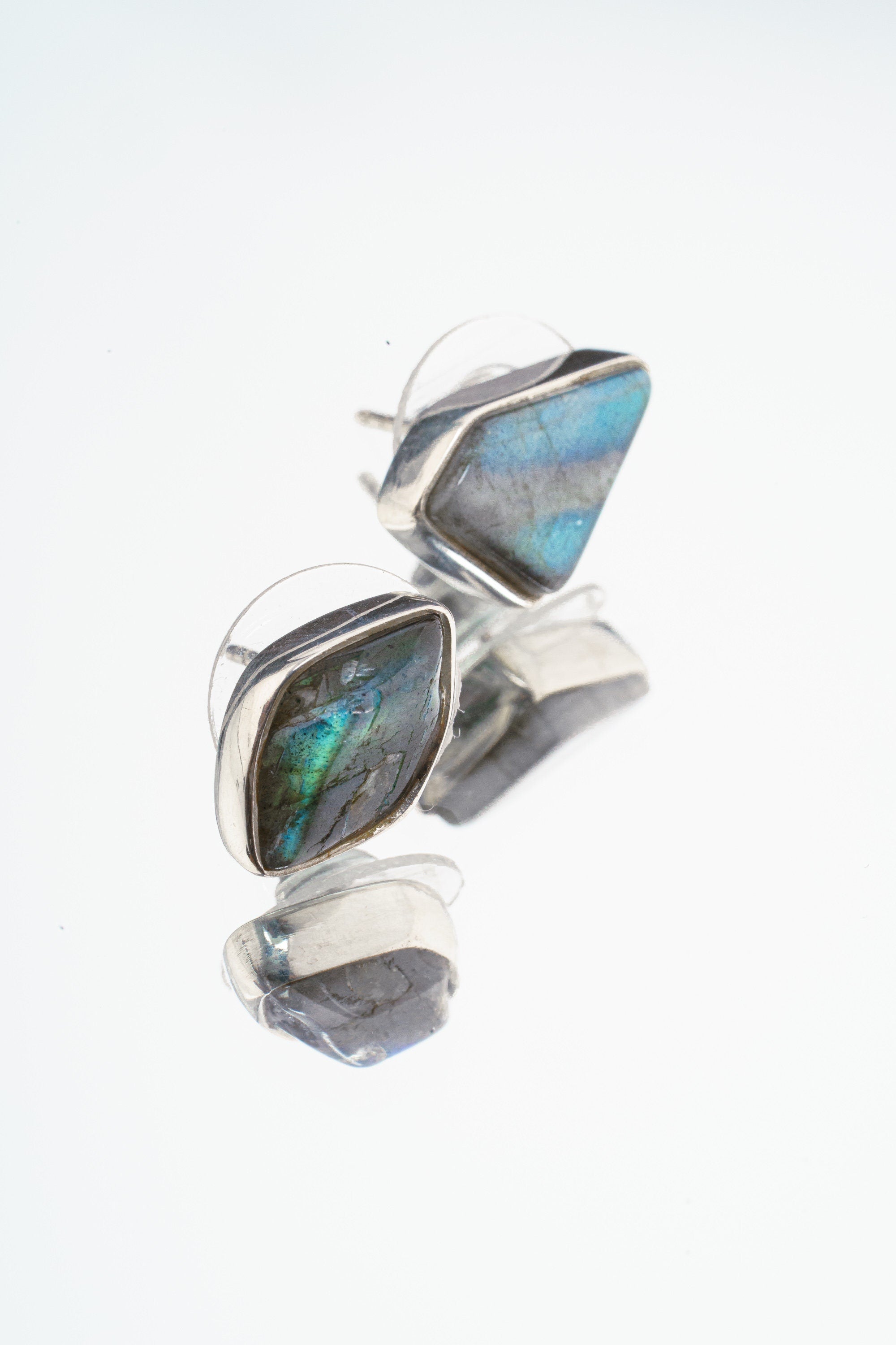 Sterling Silver Earrings with Organic Shaped Rainbow Labradorite, Polished Finish, Freeform Studs, Spiritual Growth & Balance