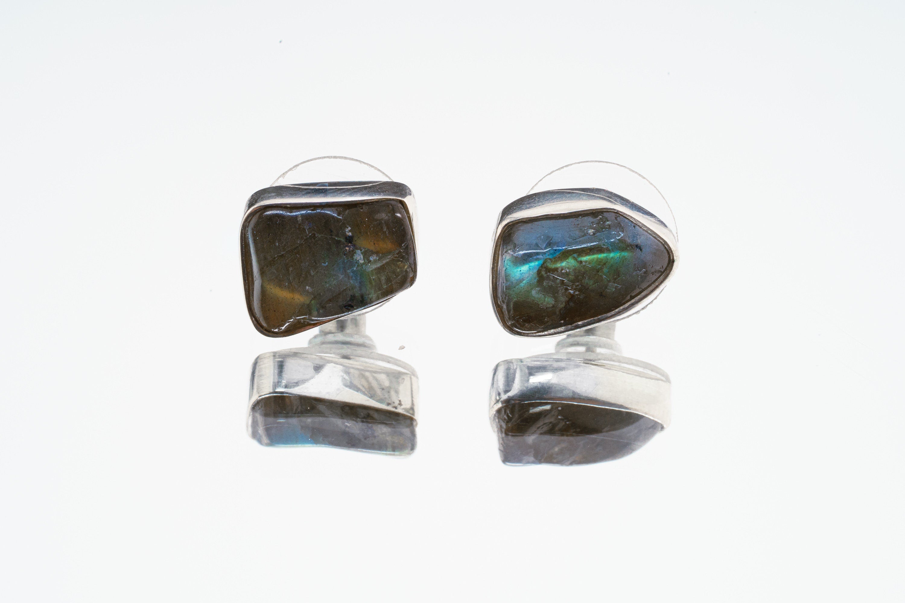 Sterling Silver Earrings with Organic Shaped Rainbow Labradorite, Polished Finish, Freeform Studs, Spiritual Growth & Balance