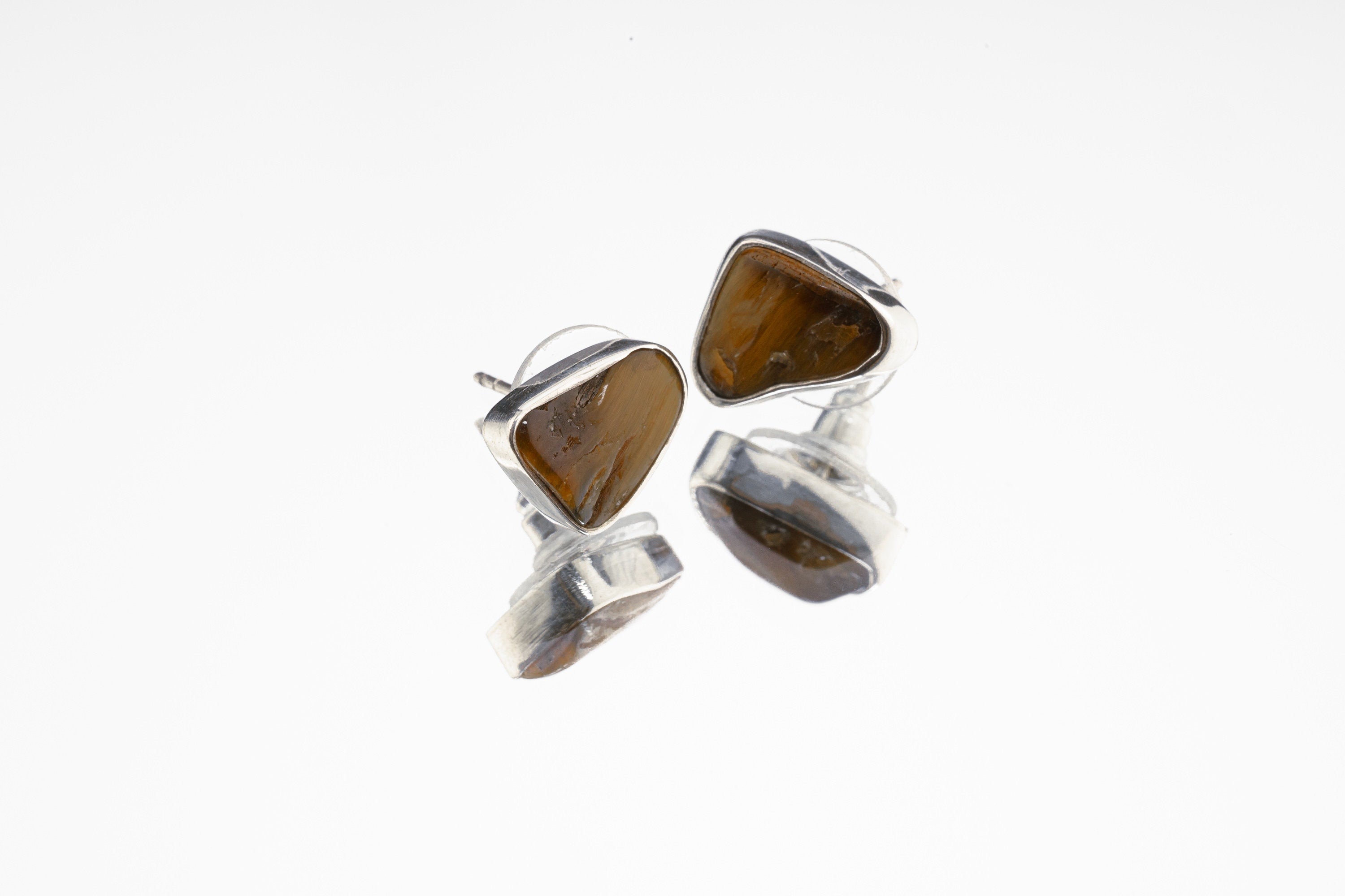 Tigers Eye Stud - organic shaped Pair- Sterling Silver - Polished Finish - Freeform Earring Studs