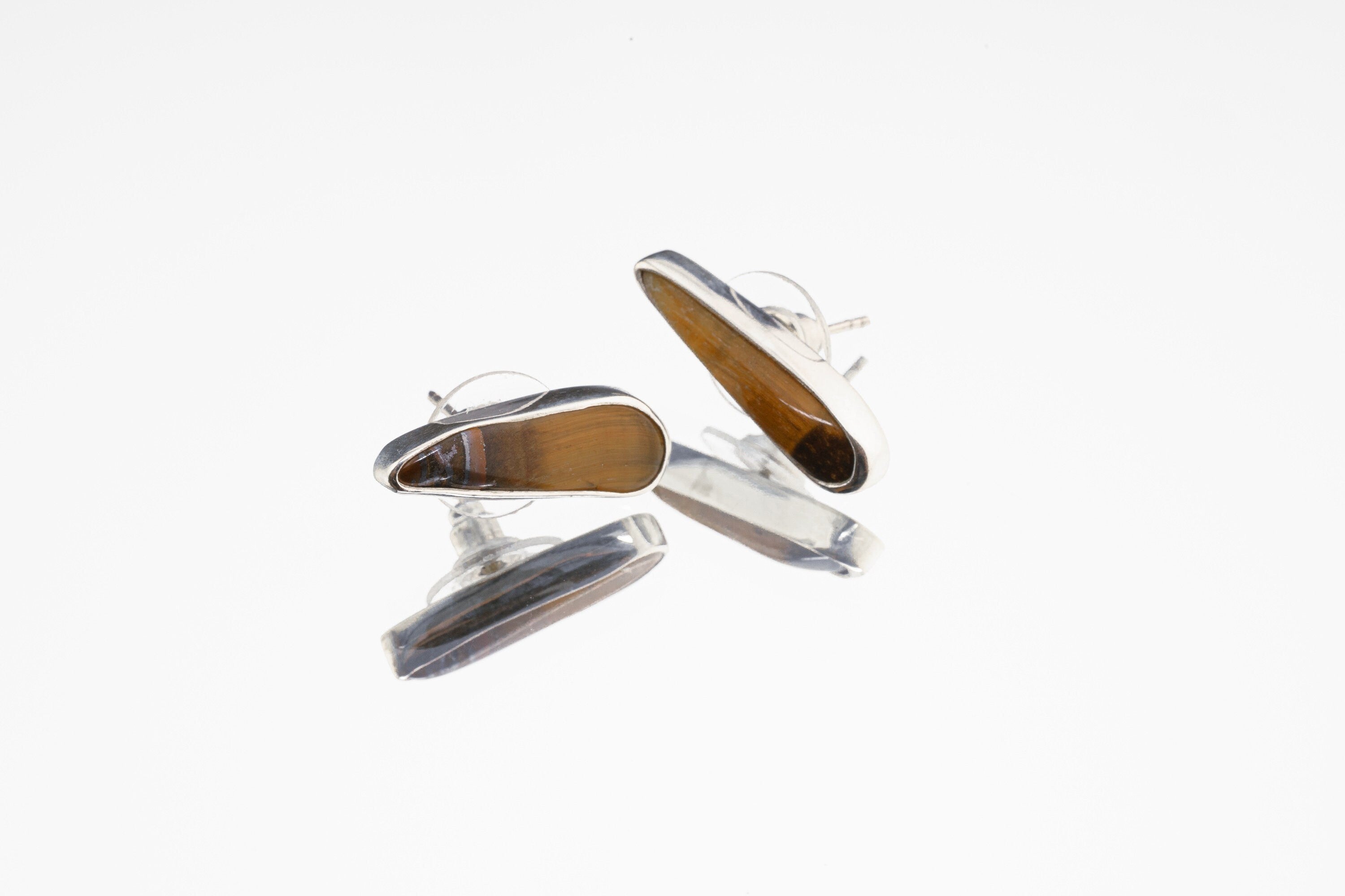 Tigers Eye Stud - organic shaped Pair- Sterling Silver - Polished Finish - Freeform Earring Studs