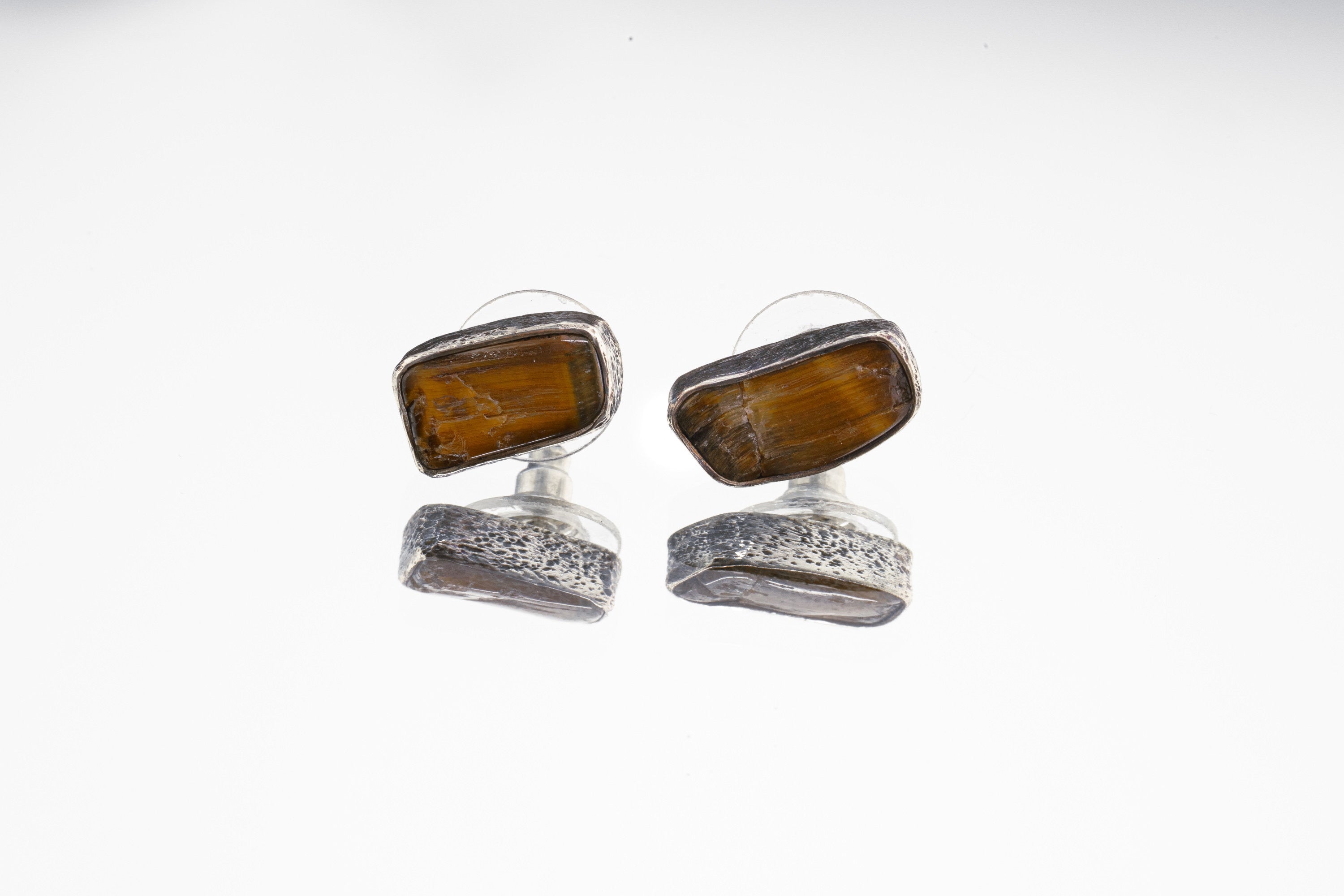 Tigers Eye Stud - Textured Finish - organic shaped Pair- Sterling Silver - Freeform Earring Studs