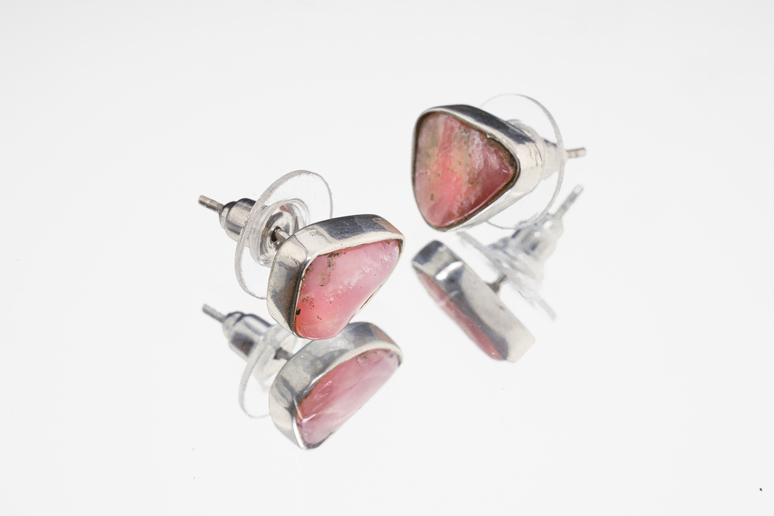 Gem Rhodochrosite Stud - organic shaped Pair - Sterling Silver - Polished Finish - Freeform Earring Studs