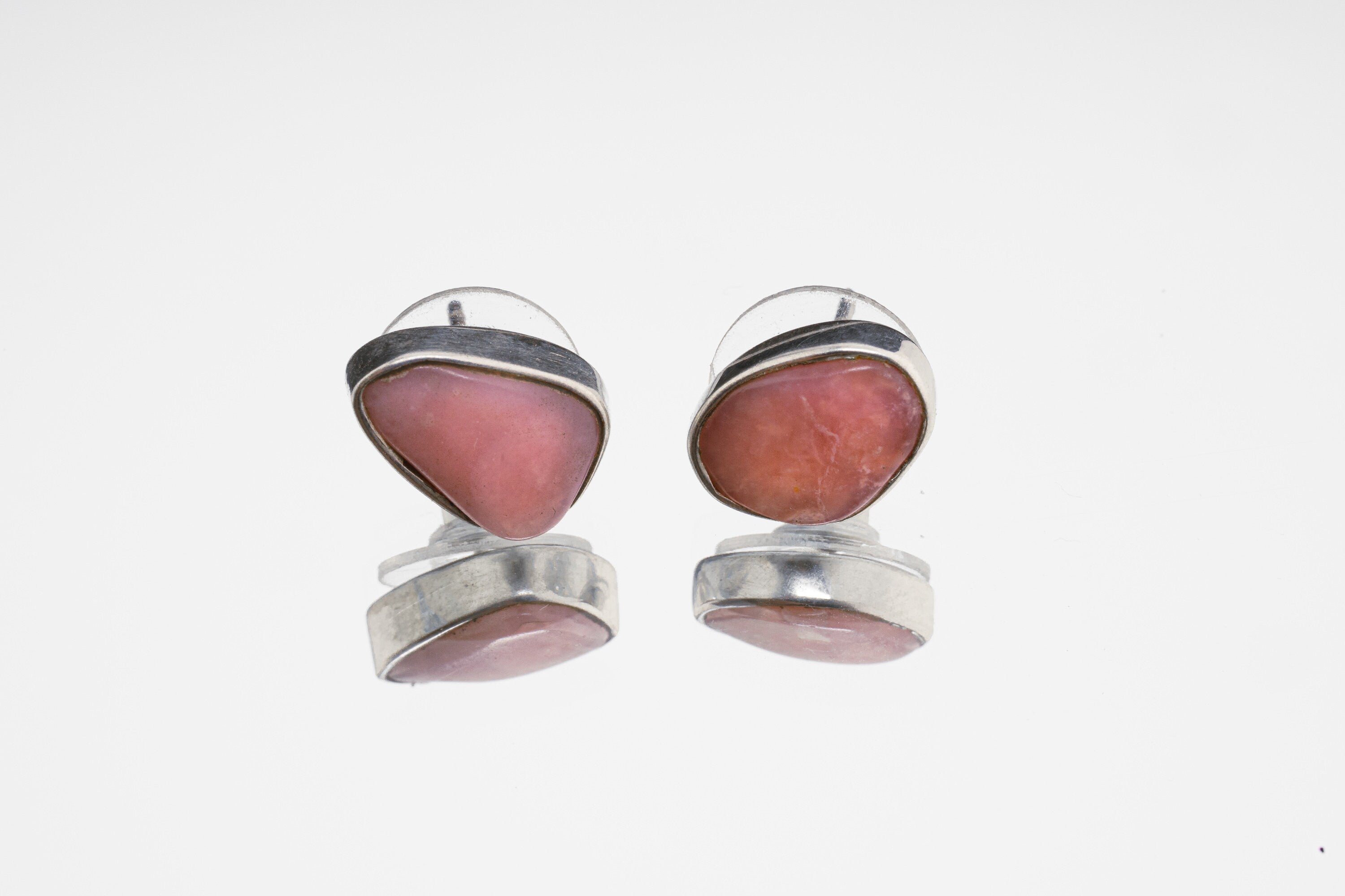 Gem Rhodochrosite Stud - organic shaped Pair - Sterling Silver - Polished Finish - Freeform Earring Studs