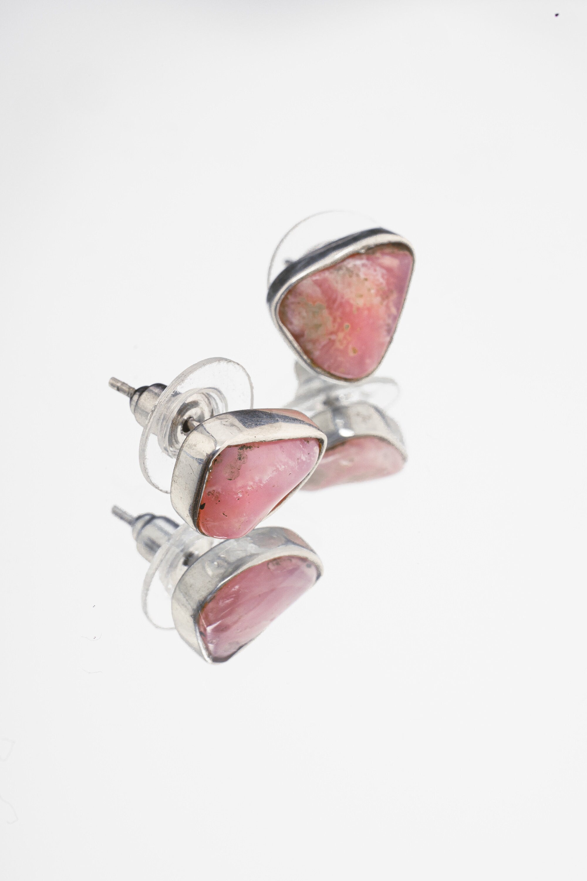 Gem Rhodochrosite Stud - organic shaped Pair - Sterling Silver - Polished Finish - Freeform Earring Studs