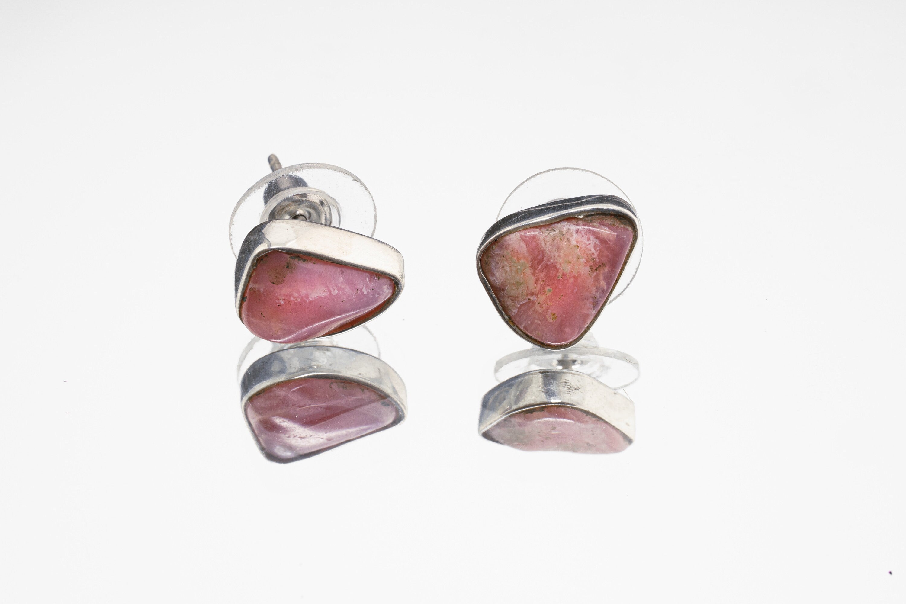 Gem Rhodochrosite Stud - organic shaped Pair - Sterling Silver - Polished Finish - Freeform Earring Studs