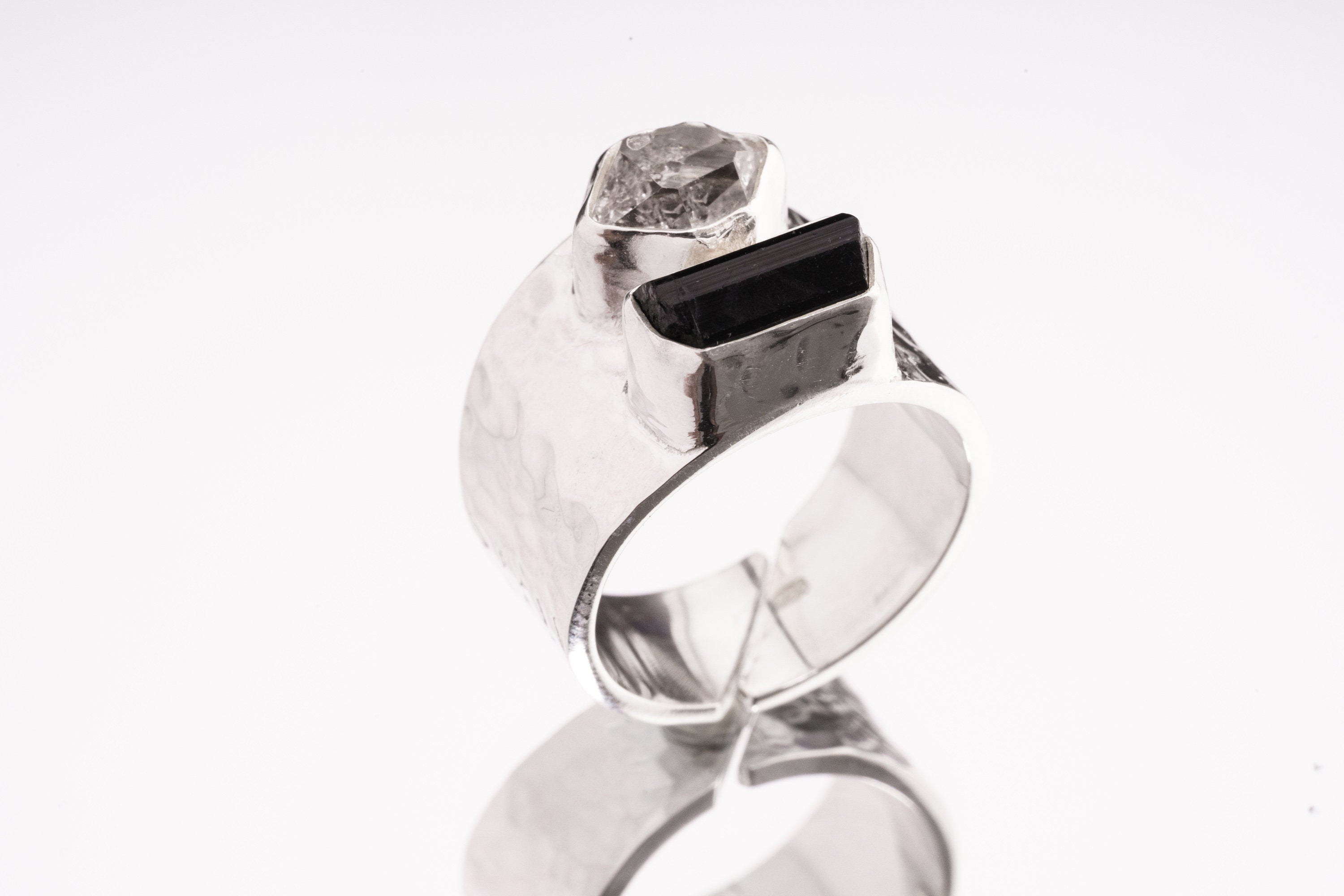 Raw Black Tourmaline & Herkimer Diamond - Men's Rings / Adjustable - Sterling Silver - Hammer Textured Finish