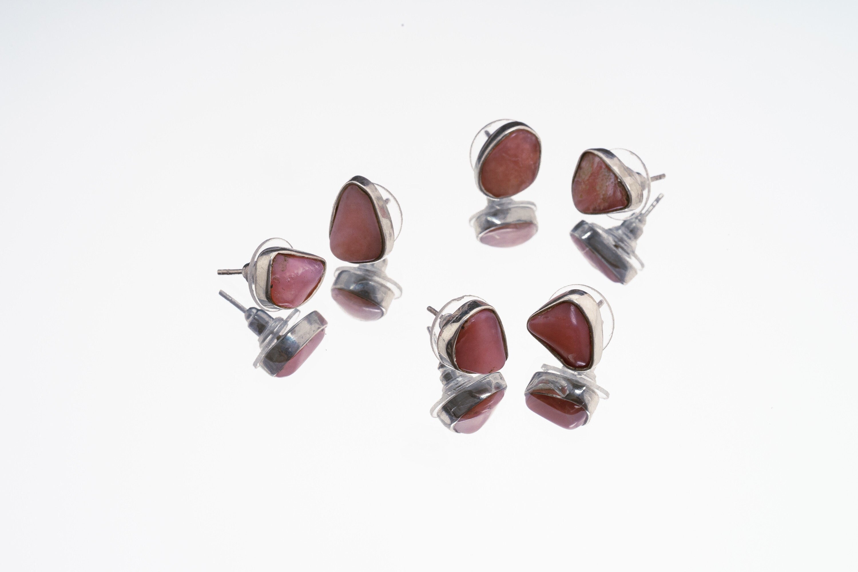 Gem Rhodochrosite Stud - organic shaped Pair - Sterling Silver - Polished Finish - Freeform Earring Studs