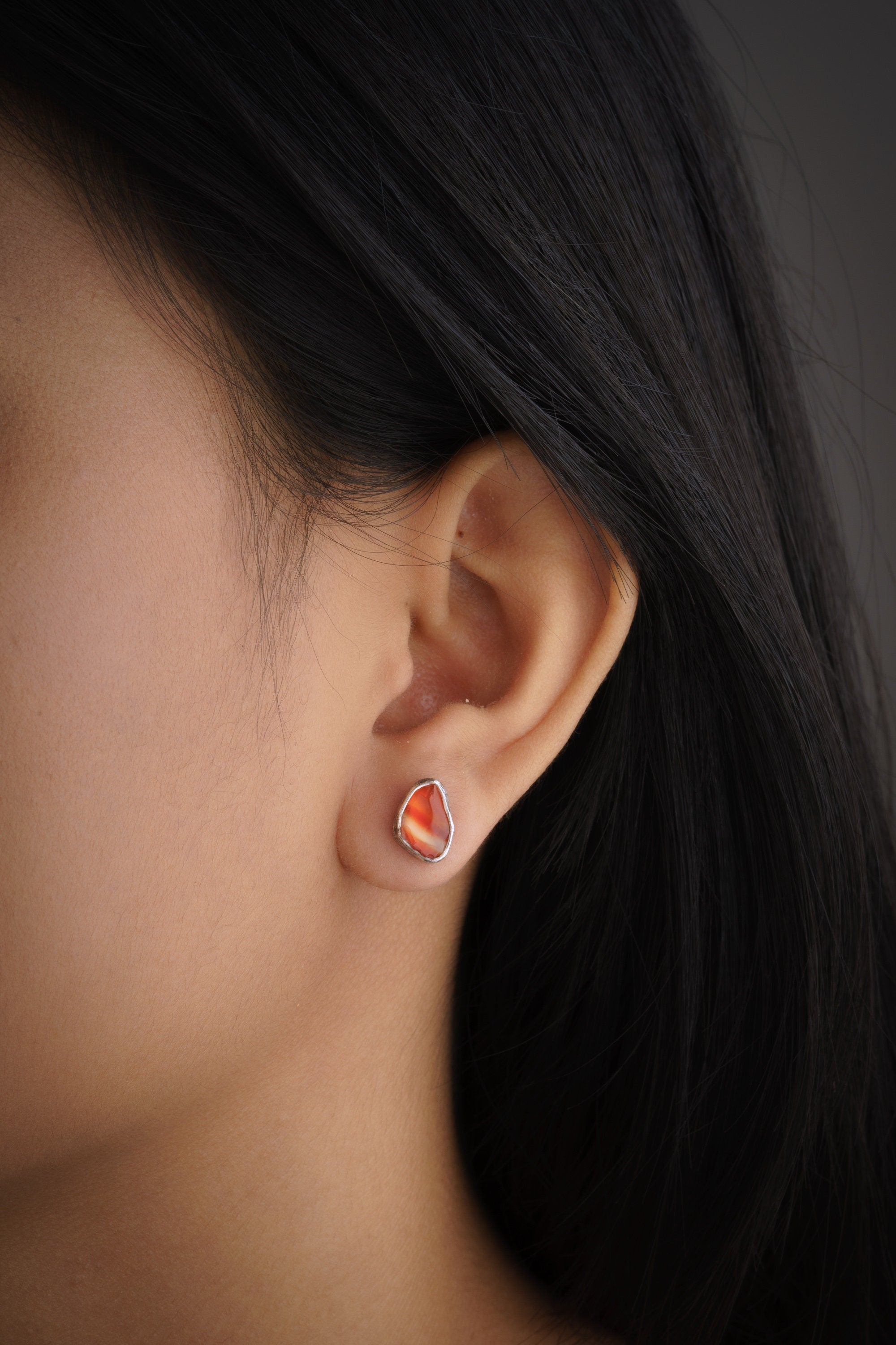 Organic shaped Carnelian Agate Pair- Textured Finish - Sterling Silver - Freeform Earring Studs