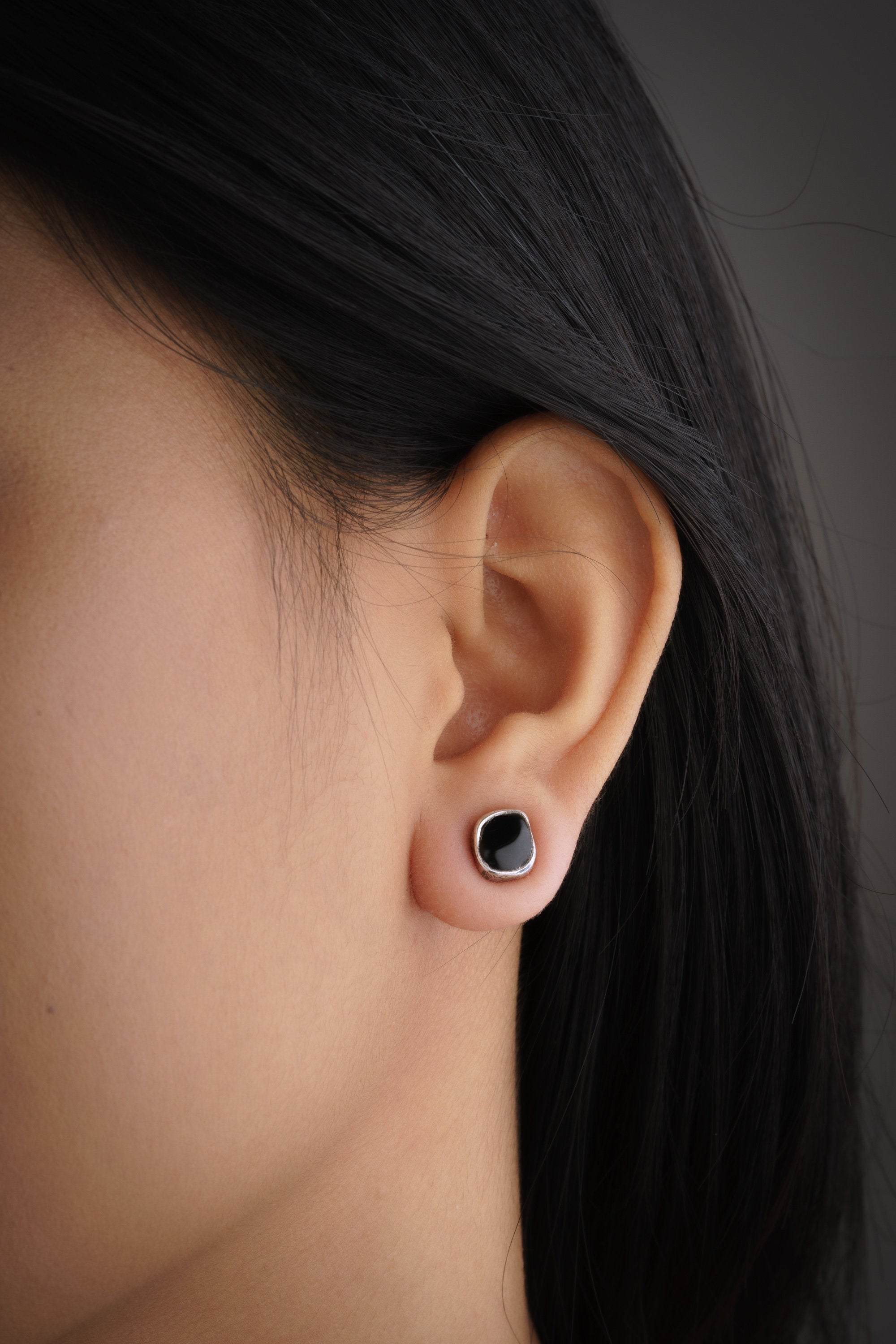 Onyx Stud - Textured Finish - organic shaped Pair - Sterling Silver - Freeform Earring Studs