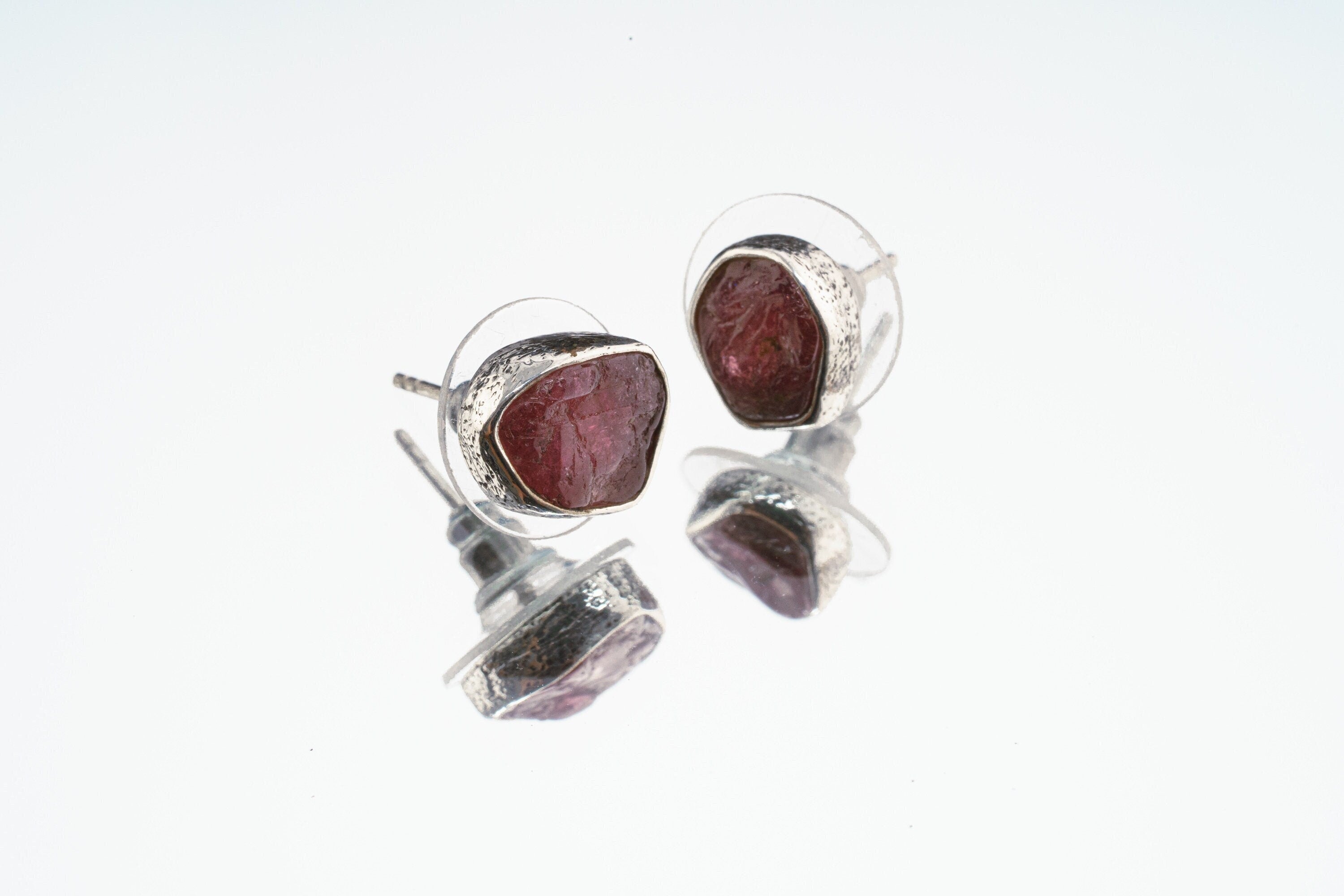 Rubellite Pink Tourmaline Studs - organic shaped Pair - Sterling Silver - Oxidised Textured Finish - Freeform Earring Studs