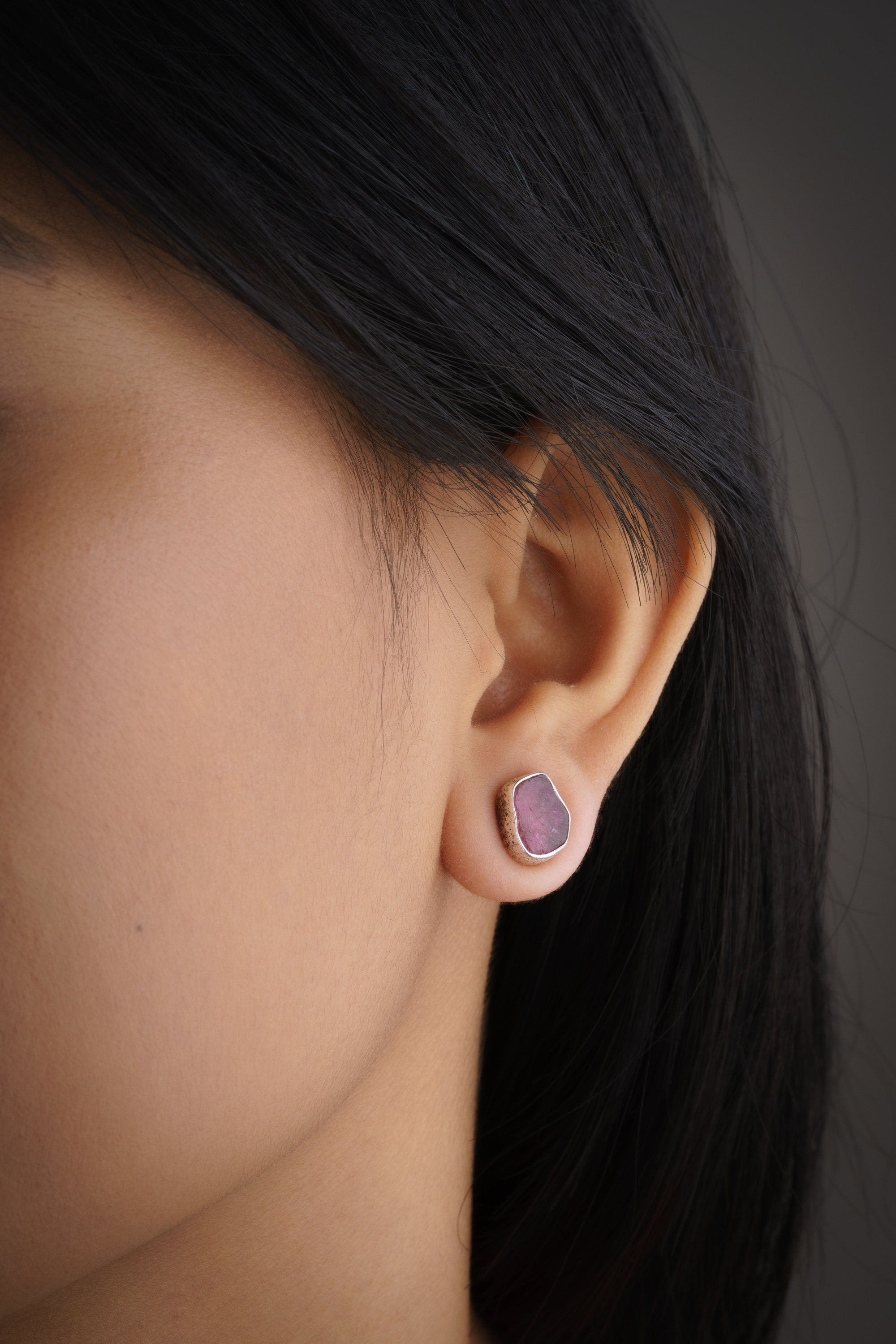 Rubellite Pink Tourmaline Studs - organic shaped Pair - Sterling Silver - Oxidised Textured Finish - Freeform Earring Studs