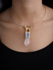 Himalayan Twin Terminated Quartz & Kyanite - Brushed Sterling Silver Set - Brass Cast Dog / Wolf- Crystal Pendant