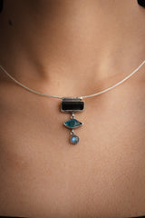 925 Sterling Silver Dangling Crystal Necklace - Black Tourmaline, Blue Gem Apatite, Fiery Labradorite in Textured Oxidised Stack Pendant