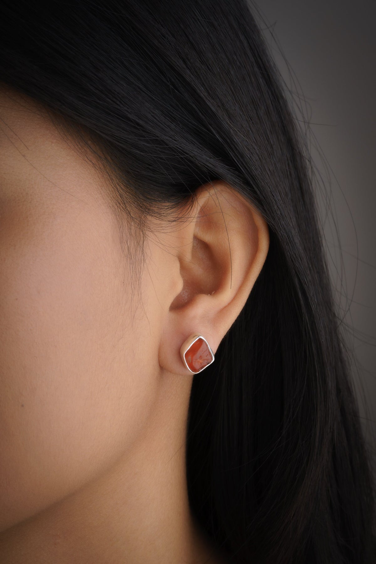 Organic shaped Carnelian Agate Pair- Sterling Silver - Polished Finish - Freeform Earring Studs